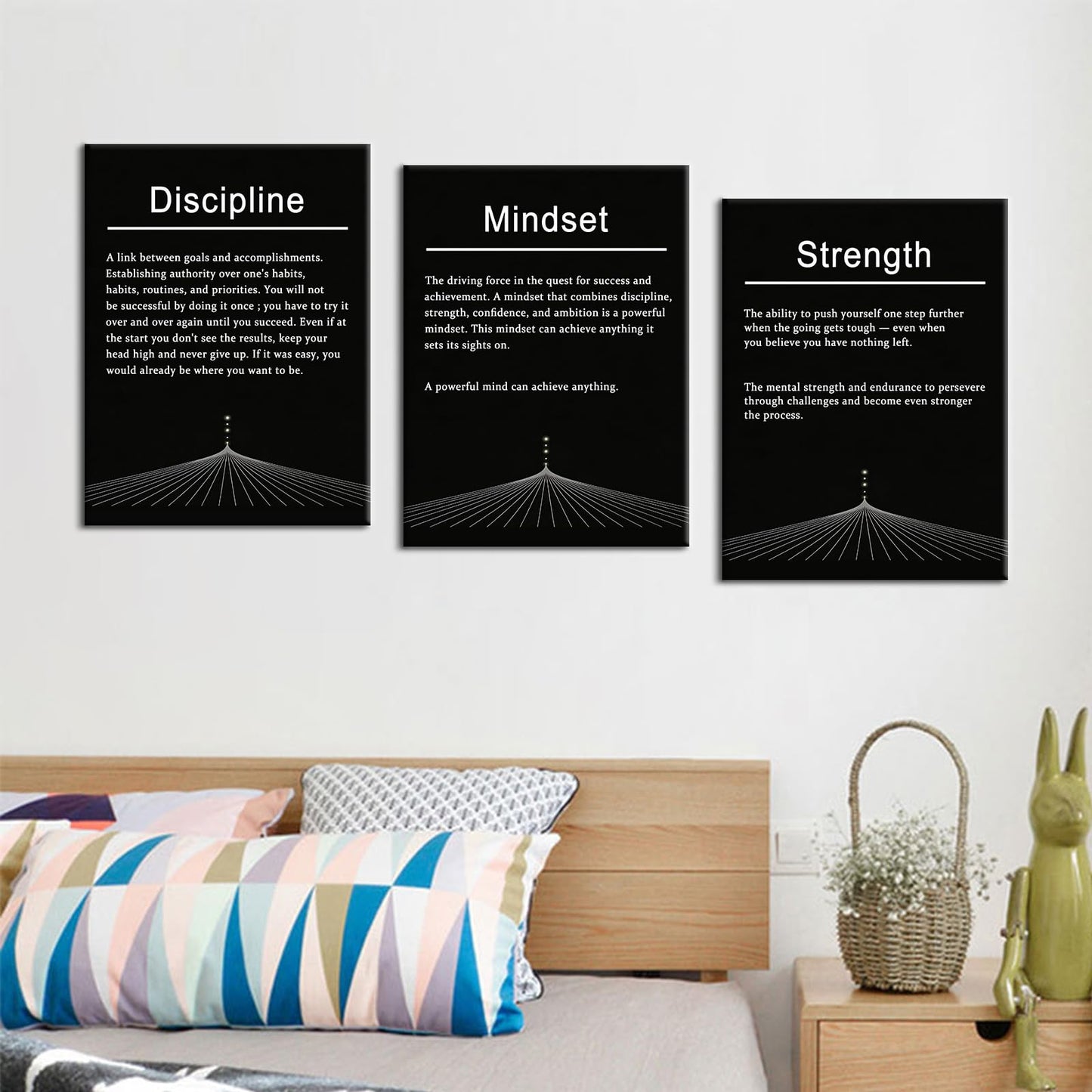 PSYYSP 3 Piece Motivational Wall Art Discipline Strength Mindset Quotes Canvas Pictures Framed Black And White Inspirational Posters For Office Decor Home Gym Modern Minimalist Artwork, 36x16 Inch