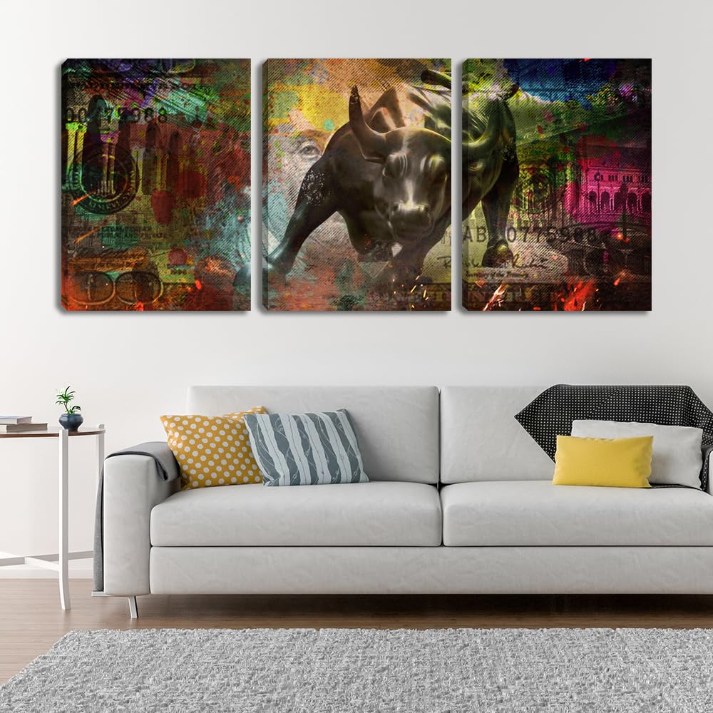 3 Pieces Bull Motivational Wall Art Canvas Poster Print Office Wall Decor Inspirational Entrepreneur Quotes Wall Art Poster Prints Picture Framed Decoration - 36" Wx 16" H