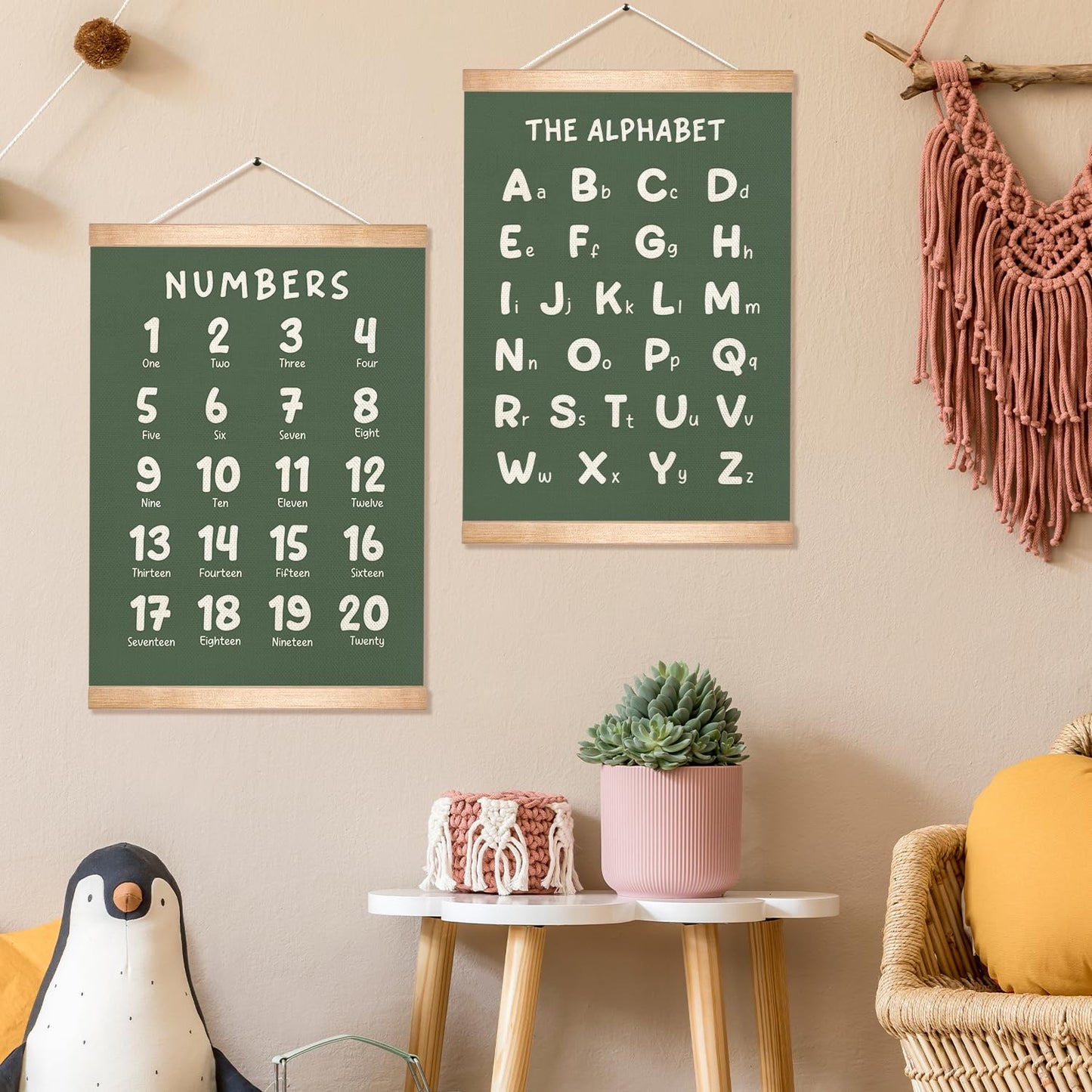 Educational Wall Art Set of 2, Numbers 1-20 and Alphabet Chart, Learning Posters for Toddler ,ABC Banner Poster, Banner Wall Hanging Decor for Toddler Room Playroom Nursery Wall Classroom Decor (Green)