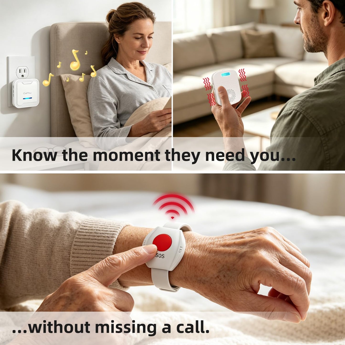 CallToU Caregiver Pager Wireless Call Button for Elderly/Senior,2026 New Version Pager with Vibration & Rechargeable,Nurse Alert System for Home Care Seniors (2 Pager and 2 Button)