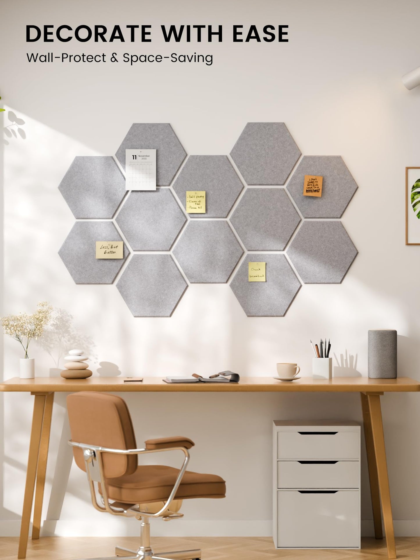 Fluxynara Hexagon Cork Board Alternative for Walls Decor-12-Pack Felt Bulletin Board Tiles,with 30 Pushpins,70 Adhesive Tabs for Office,Classrooms & Home Pin Board Felt Board-Soft Gray