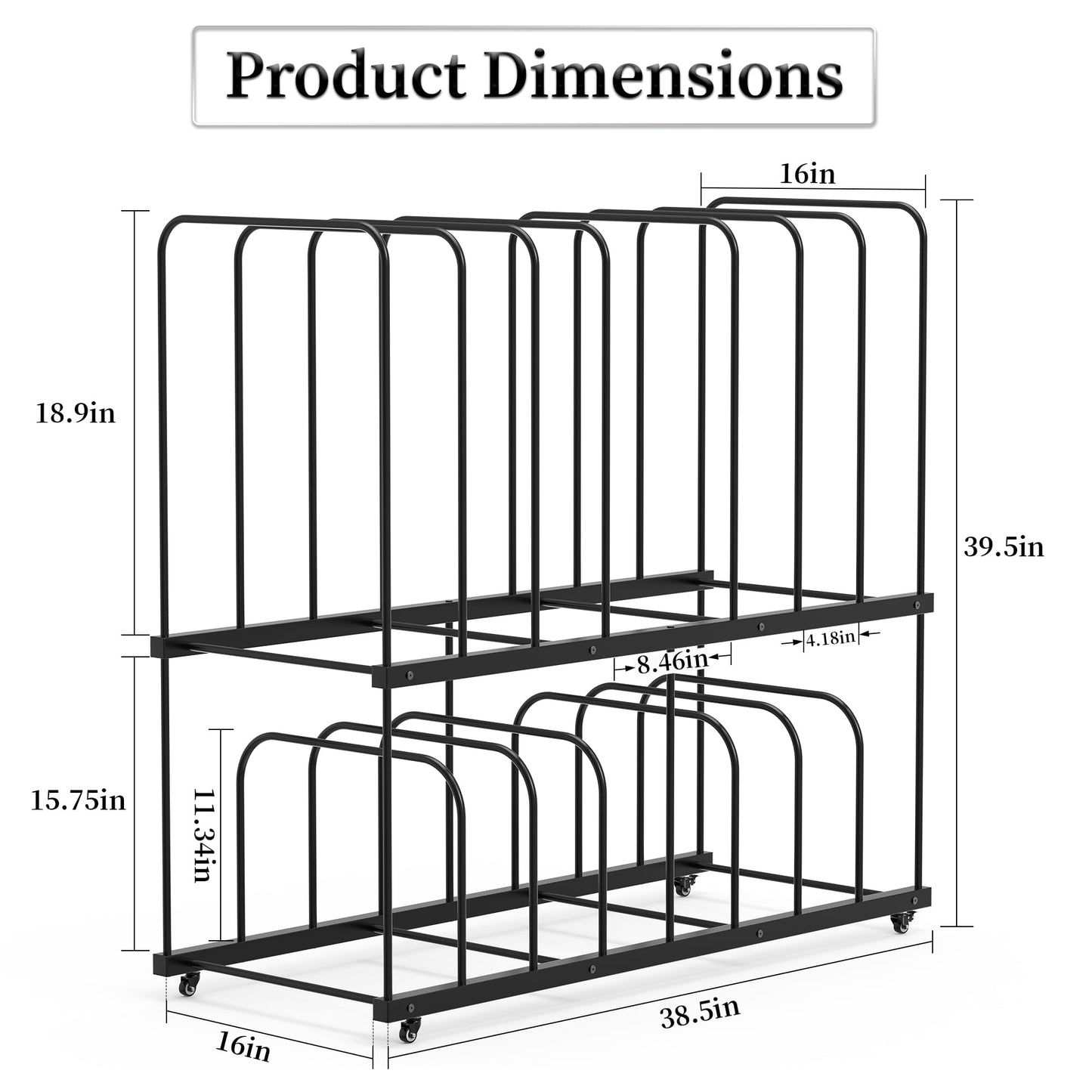 Tredre 2-Tier Art Storage Rack with Wheels, Extra-Large Adjustable Art Drying Painting Rack, Metal Canvas Storage Display Stand for Art Studio, Classroom and Gallery, 38.5" x 39.5" x 16" (Black)