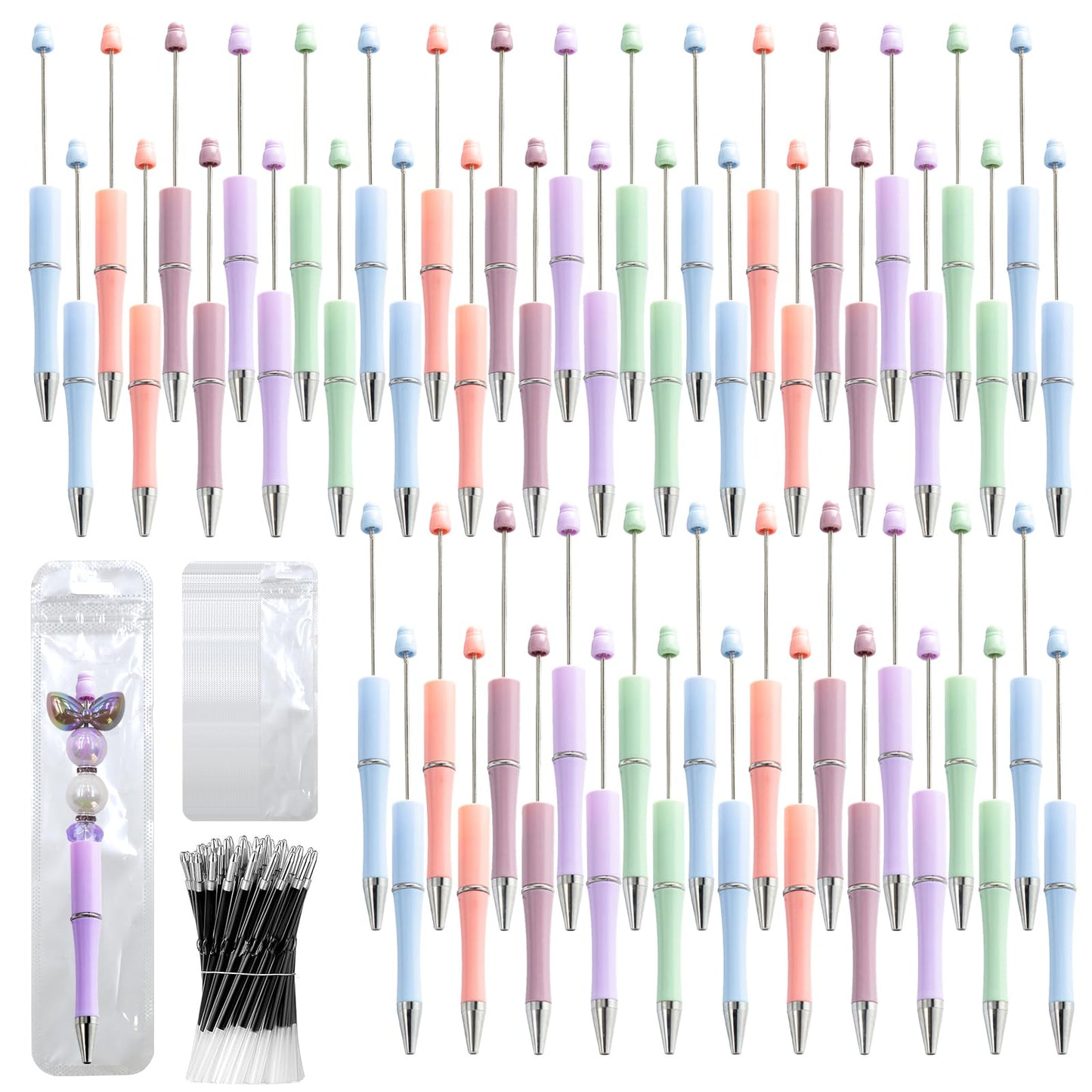 DASTTUIS 150 Pieces DIY Beadable Pen Kit – 50 Plastic Ballpoint Pens with Refills & Bags – School Supplies, Office Accessories & Decorative Items for Students & Teachers (Pastel)