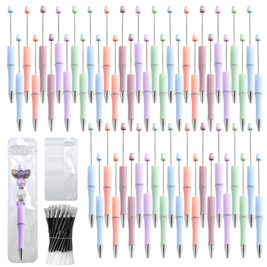 DASTTUIS 150 Pieces DIY Beadable Pen Kit – 50 Plastic Ballpoint Pens with Refills & Bags – School Supplies, Office Accessories & Decorative Items for Students & Teachers (Pastel)