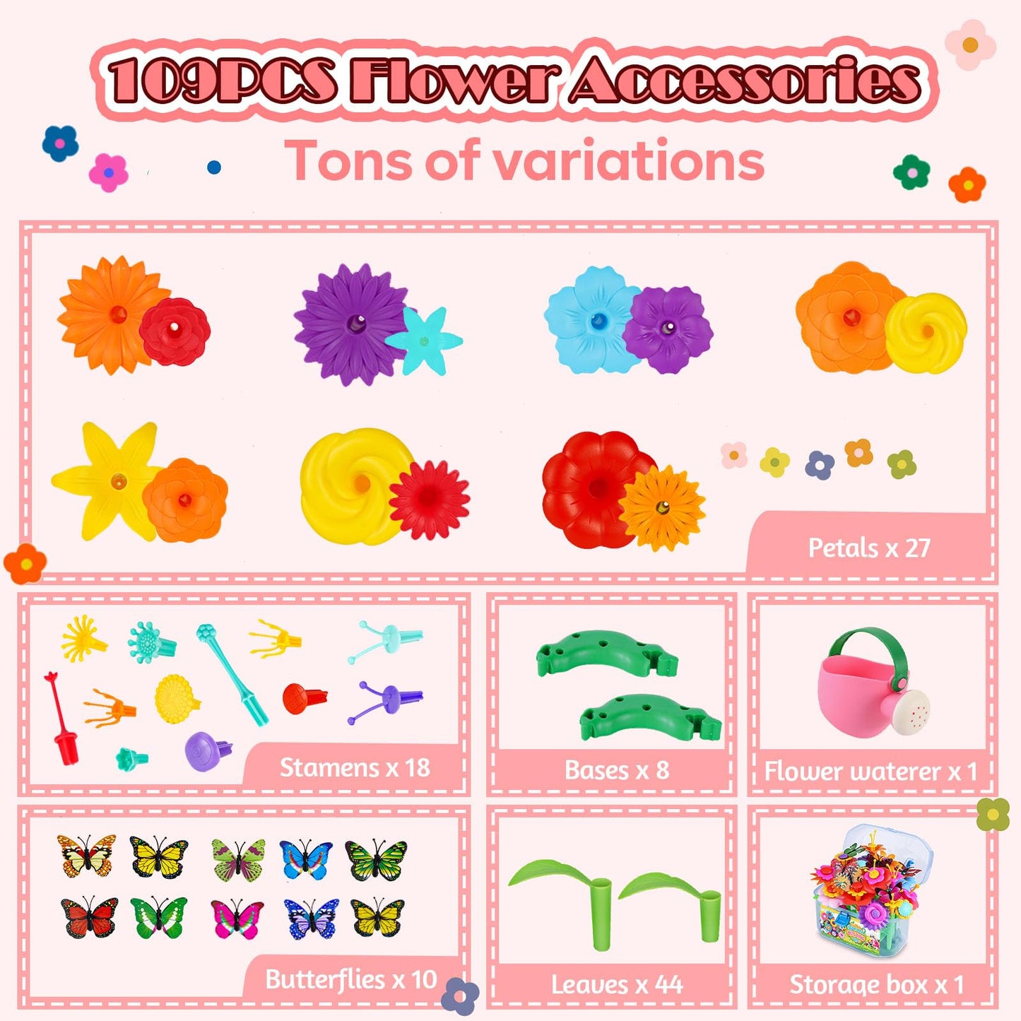 FUNZBO 109pcs Flower Garden Building Toy Set - Spring Toys for 3 4 5 6 7 Years Old Girl, STEM Montessori Educational Toy for Kid Toddler, Sorting & Stacking Building Block Birthday Gift for Girls