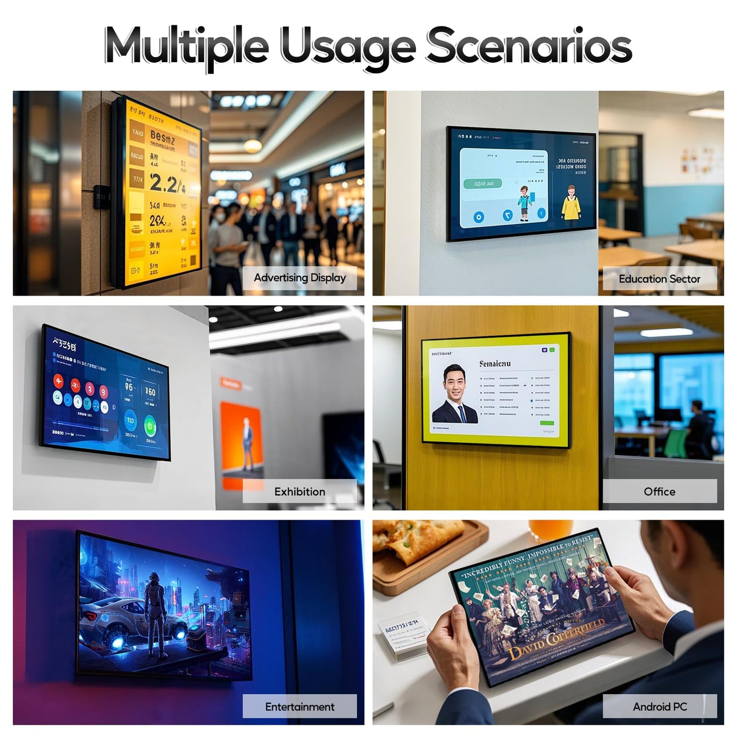 PWR4GTR 15.6" Capacitive Touchscreen Industrial Monitor, Andriod 14 Wall-Mounted Digital Signage Display, Reverse Control Laptop, Wireless Screen Mirroring, Built-in Speakers, USB/HDMI Ports, 4+32GB
