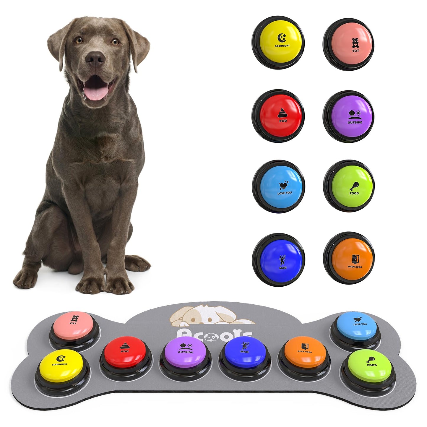 Acools Dog Buttons for Communication, 8 Dog Talking Button Set, 30s Recordable Voice Pet Buzzer Training Buttons, Speaking Button for Dogs with Anti-Slip Dog Buttons Talk Mat and 24 Scene Stickers