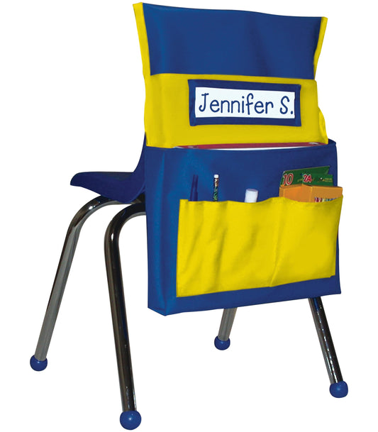 Carson Dellosa 15" x 19" Canvas Blue and Yellow Chairback Buddy Pocket Chart, Seat Storage for Classroom K-2, Classroom Chair Seat Storage with Pockets with 6 Chair Pockets and Student Name Tag
