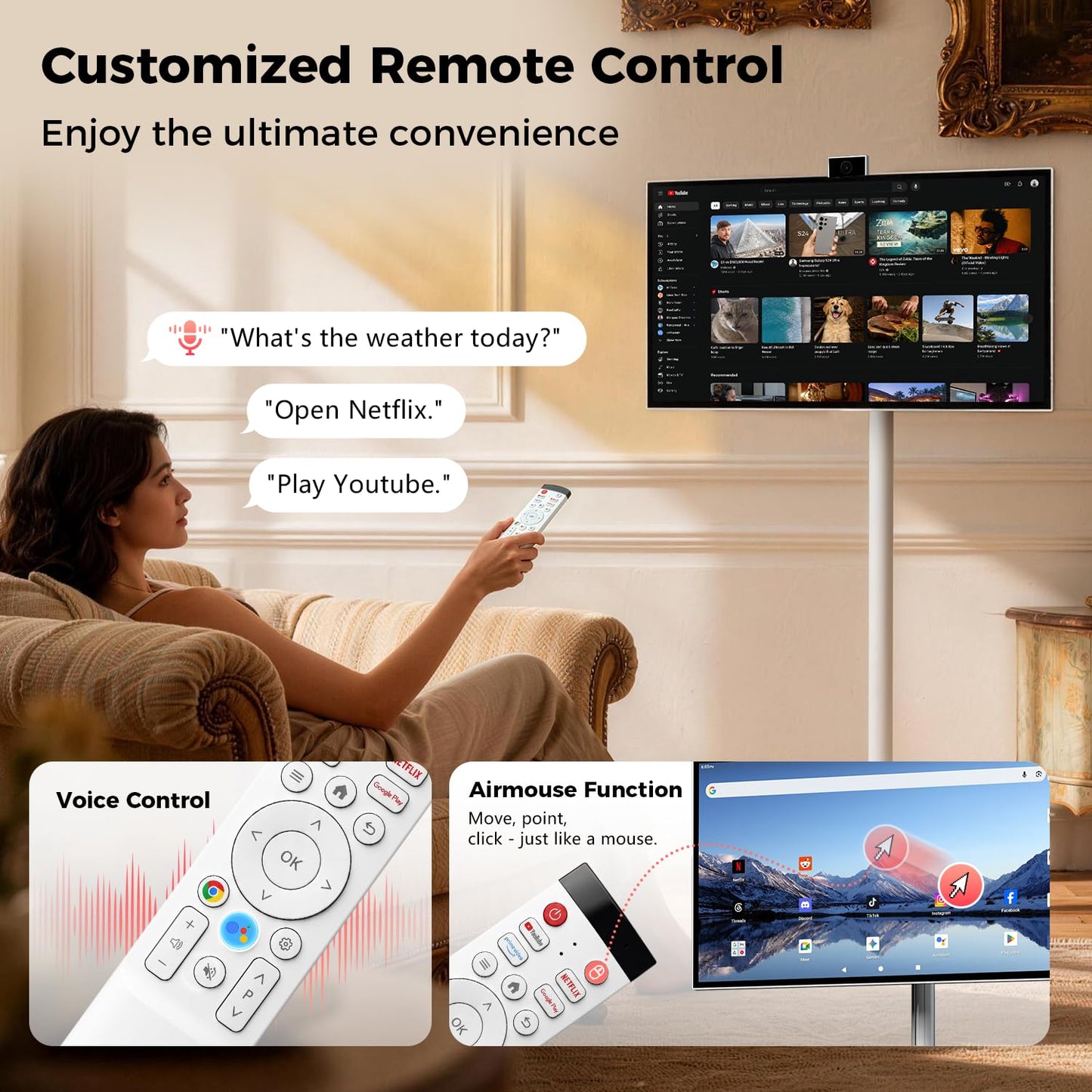 27" Portable Smart Touchscreen Tablet TV on Wheels, Android 15 OS Mobile Smart Display with Google EDLA Certification, 6GB+128GB, Built-in Battery, 4K Camera, Wireless Casting, Rotating Rolling Stand