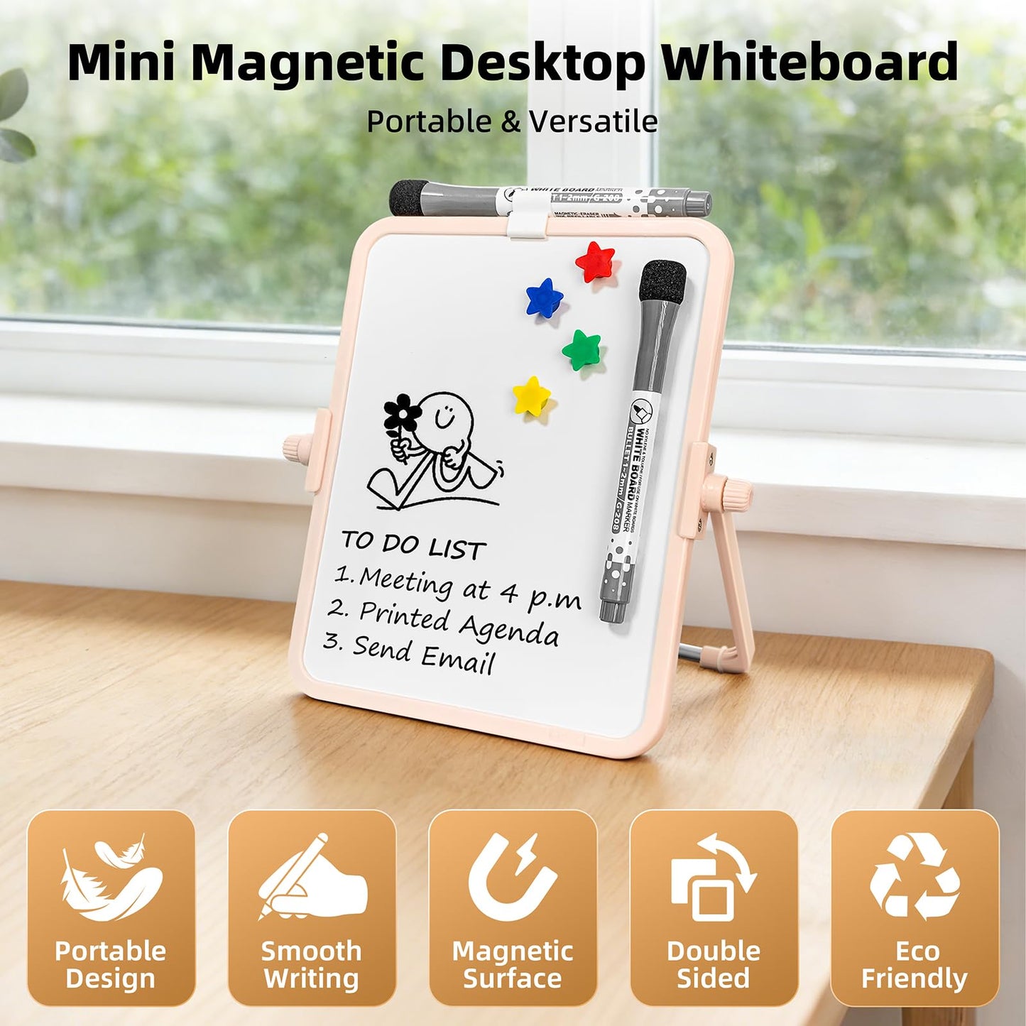 FUNISKETCH Colorful Dry Erase White Board 6.7x8.4in, Magnetic Desktop Board with Stand, 2 Markers (Eraser Head), 4 Magnets - Double-Sided Easel for Daily Planning, Memo, Office/Home/School (Pink)