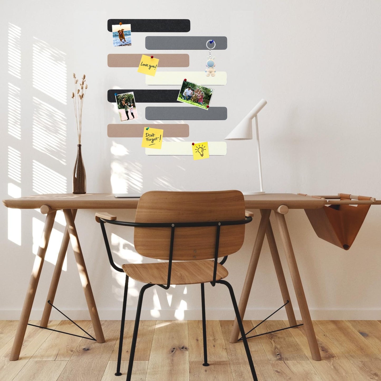 HULAVO 8Pcs Rectangle Felt Cork Board Bar Strips with 35 Pushpins, Self-Adhesive Bulletin Board Strips for Office School Home Wall Decor Stickers Memos Schedules Photos Display -Camel & Grey