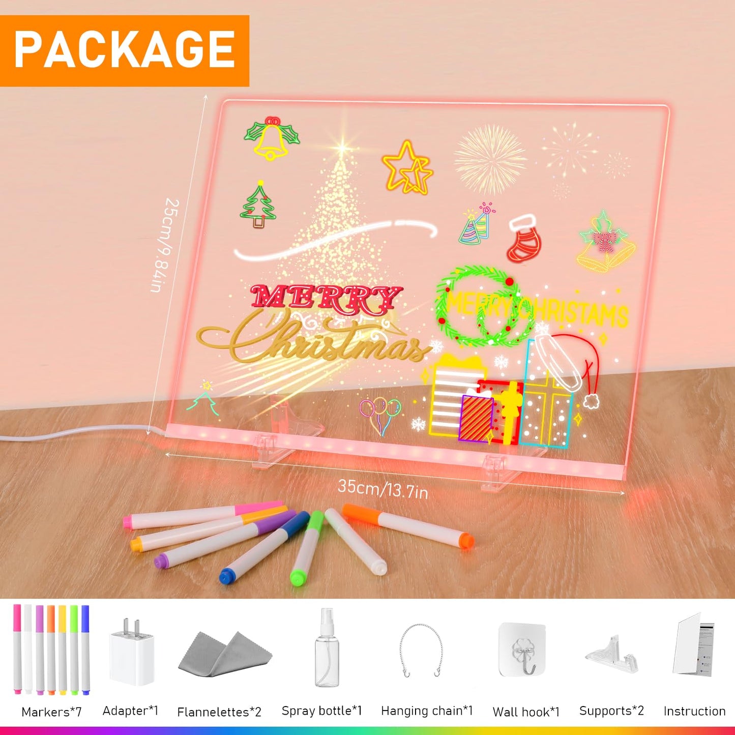 LED Note Board with Colors, 13.8"X10" 4 Modes & 7 Colors Rewritable LED Acrylic Drawing Board, Holiday Trend Gift, for Schools, Home Offices
