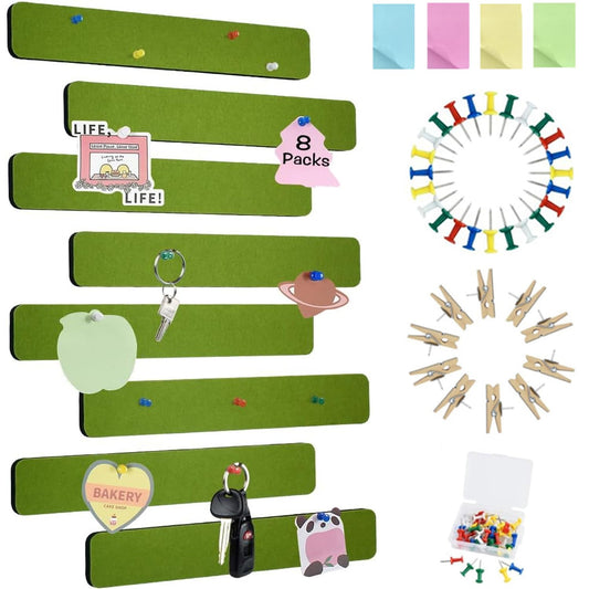 Vuzvuv 8 pcs Bulletin Board Bar Strips with 50 Pushpins & 10 Wooden Clip pins，Self Adhesive Cork Board for Wall，Felt Pin Board for School，Office Decor(Olive Green)
