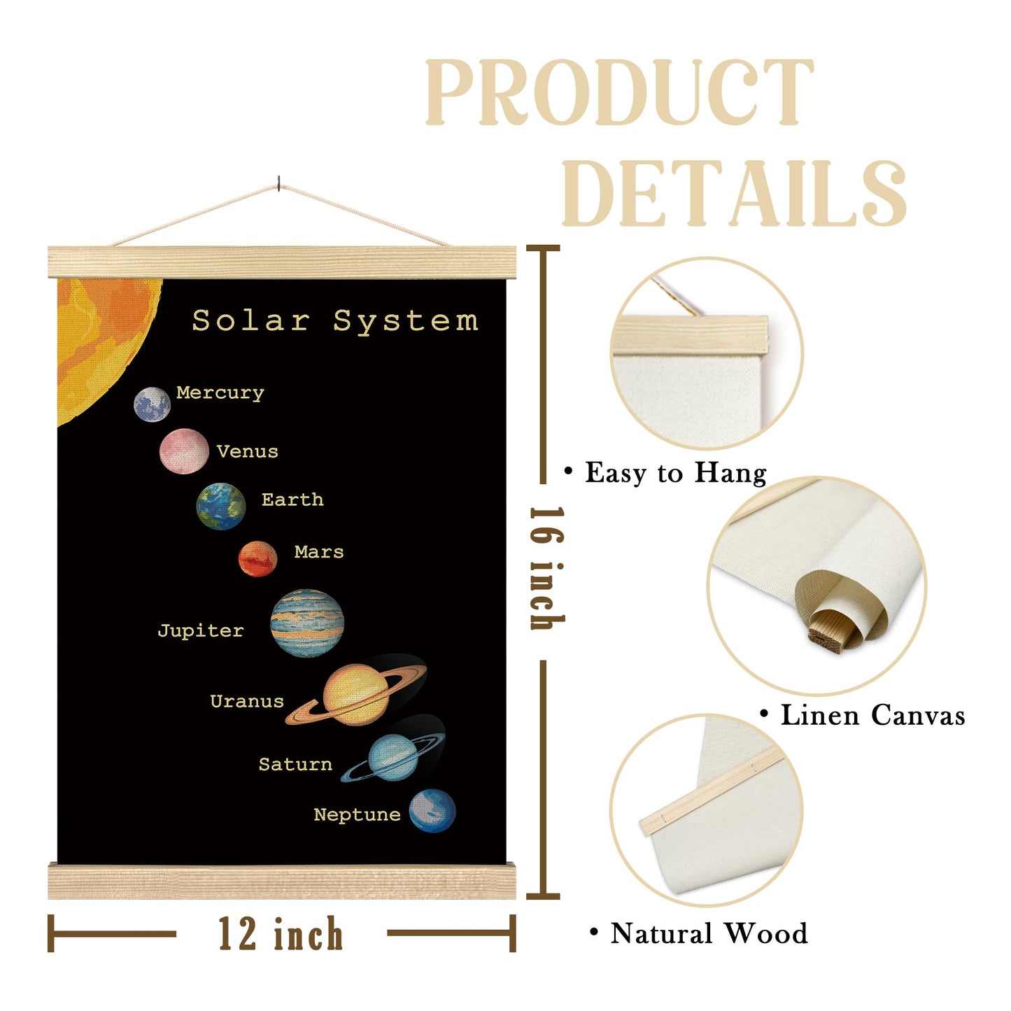 BCUANGD Space Wall Decor - Solar System Astronomy Poster Hanger with Wood Frames Set of 2, Kids Boys Educational Learning Wall Hanging Canvas Decor for Kids Room Home Playroom, 12x16 Inches