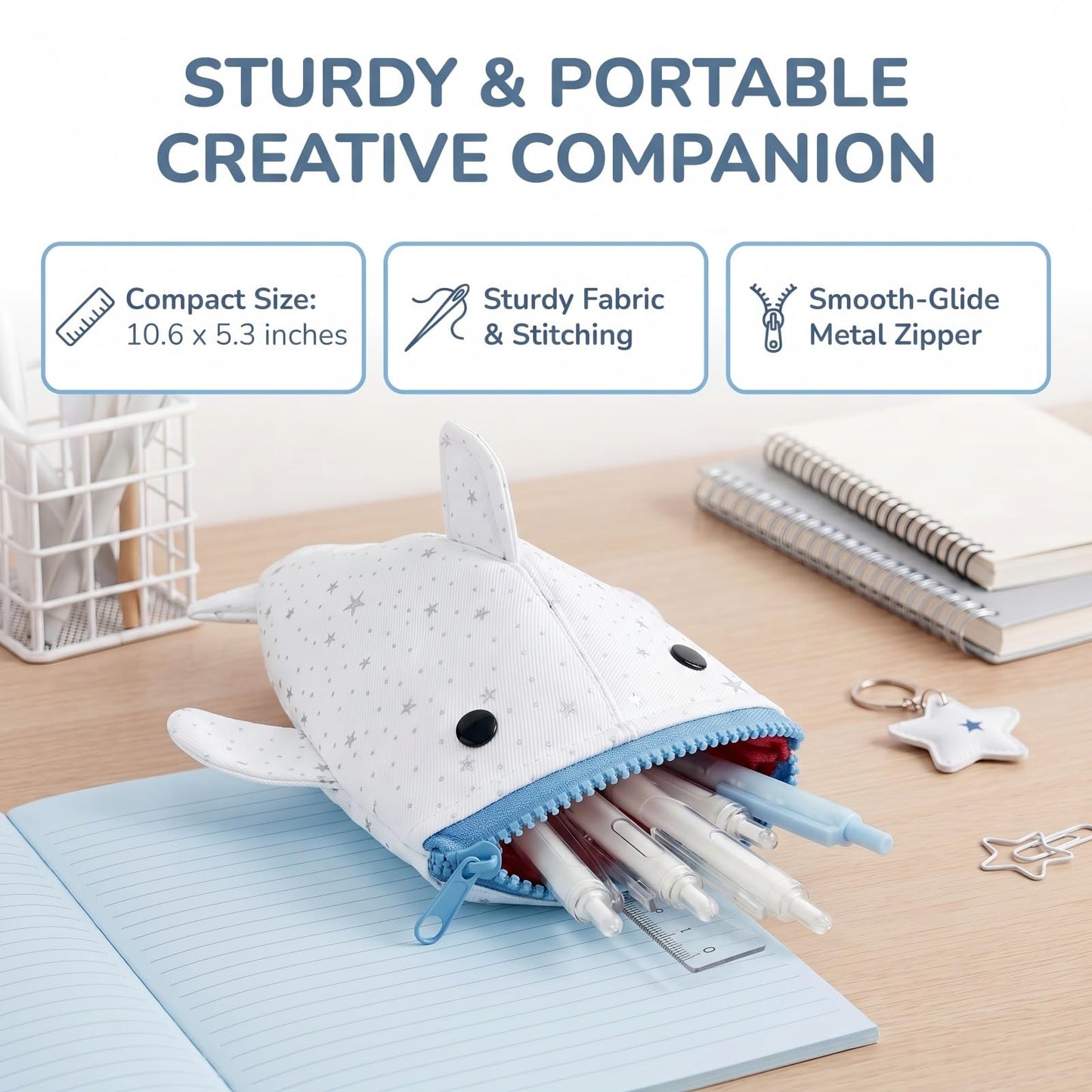 MemeChic Shark Pencil Case Creative Novelty Fish Shape Large Capacity Pen Bag，Adorable Stationery Storage Bag,Coin Purse，Funny Pencil Pouch,Multi-Purpose Organizer (White)