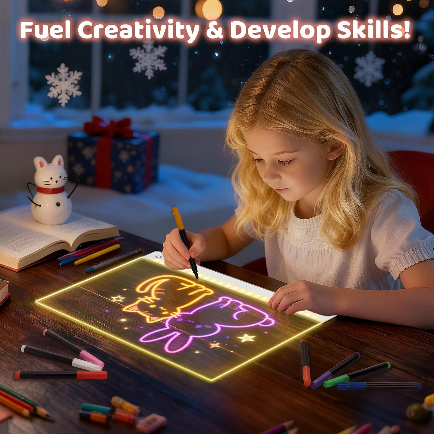 Rechargeable LED Drawing Board for Kids, 13.8 x 10 Dry Erase Board, 4 Modes &7 Colors Glowing Doodle Note Board, Include Hanging Chain, 2 Stands, 8 Markers, Spray Bottle, Cleaning Cloth, Girls Gifts