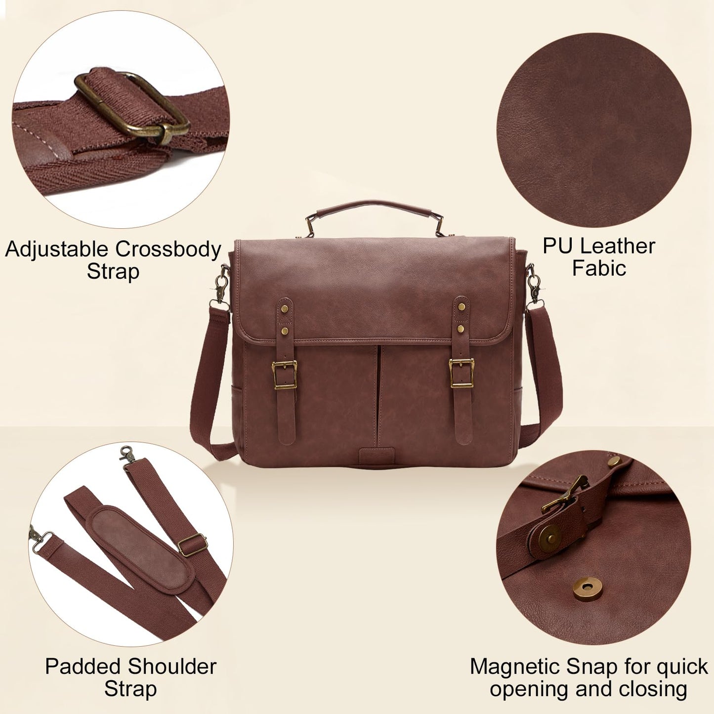 Leather Messenger Bag for Men, 15.6in Laptop Briefcase Vintage Waterproof Laptop Bag Shoulder Bags Satchel Office Bag(Dark Brown)