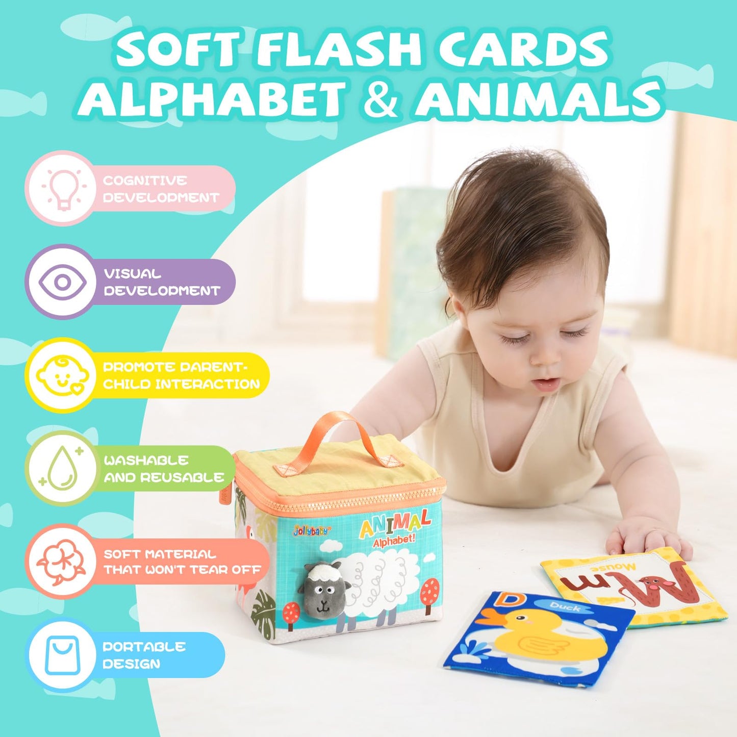 Jollybaby Reusable Soft Cloth ABC Alphabet/Letters Animal Flash Cards for Baby 0-6-12-18 Months, Curious Baby First Words Learning Activity Flashcards, Montessori Sight Words Toy - Easter Gifts
