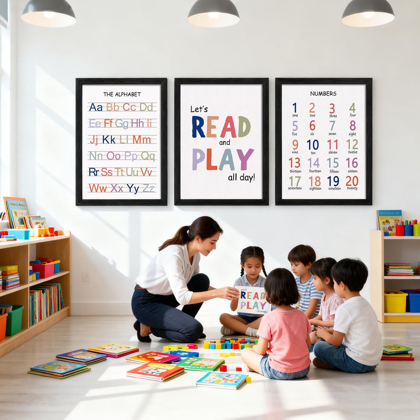 Cute Alphabet Numbers Framed Wall Art Set of 3, Educational ABC Poster Wooden Sign for Baby Girl Kid Boy Toddlers, Neutral Boho Preschool English Letters Nursery Decor for Homeschool Playroom Daycare