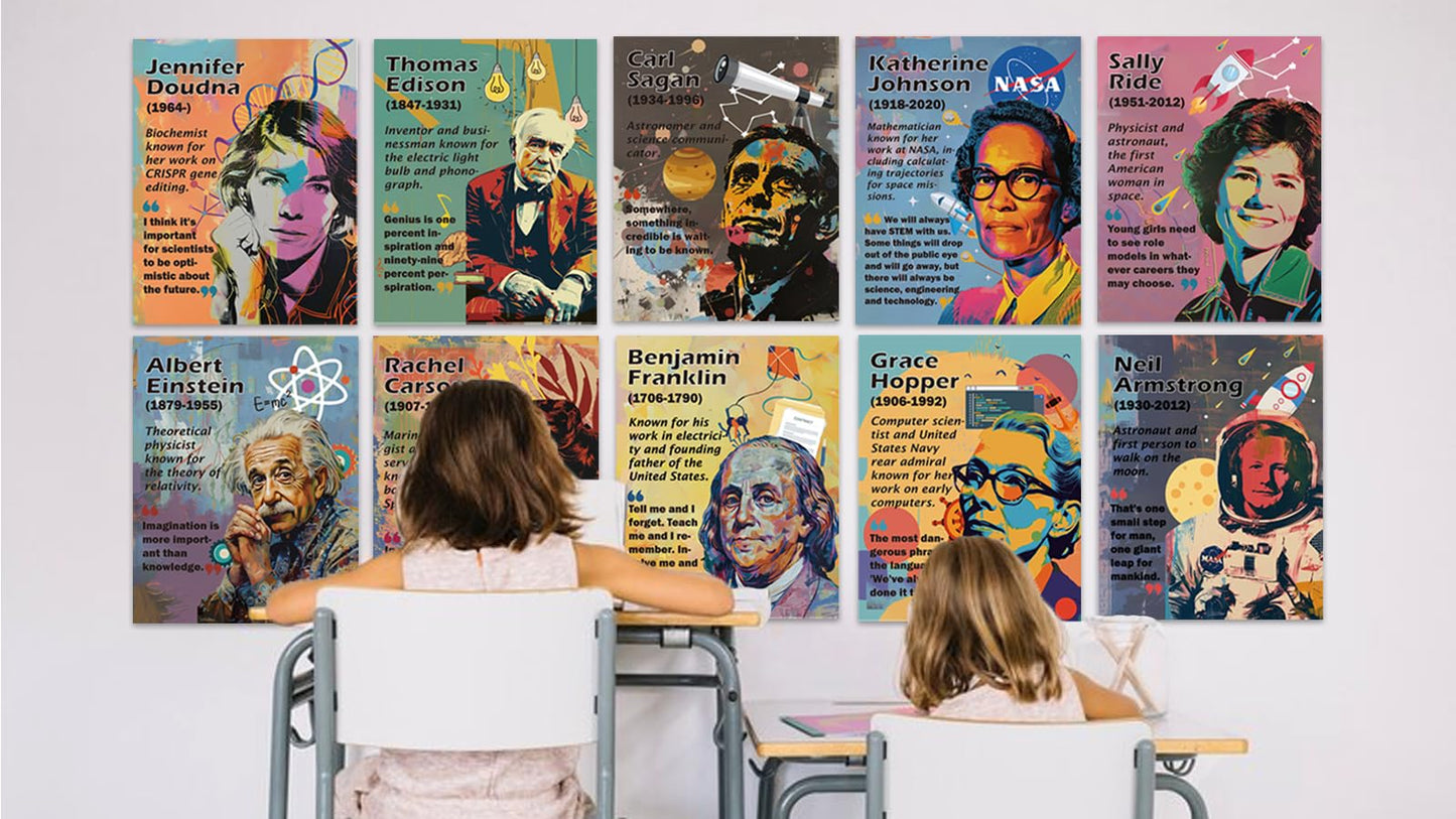 1step2dream Science Poster Classroom Set: 15 Vibrant 11x14 Educational Wall Art Featuring Famous Scientists - Ideal for Middle School, Science Labs & Bulletin Boards