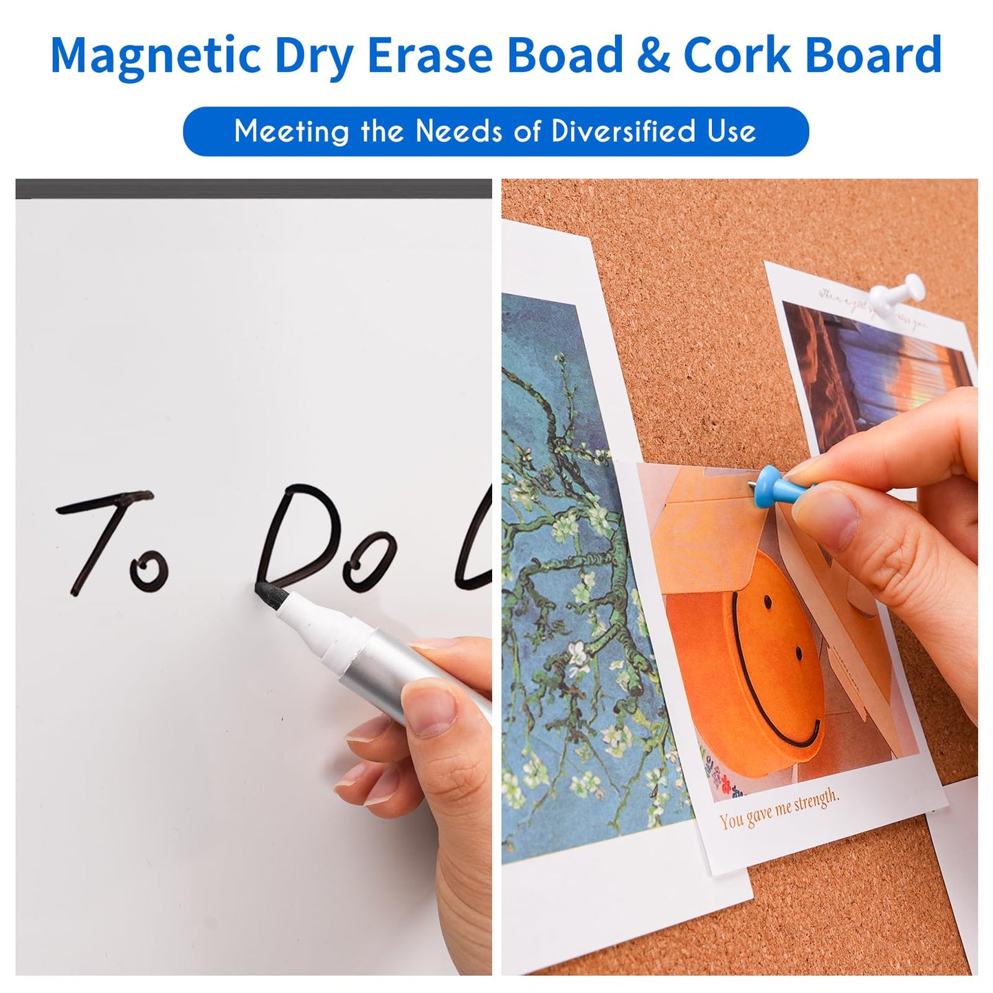 Magnetic White Board and Cork Board Combo, 24 X 18 inches Whiteboard Bulletin Combination Board, Wall Mounted Dry Erase Message Board for Home, School and Office, Black