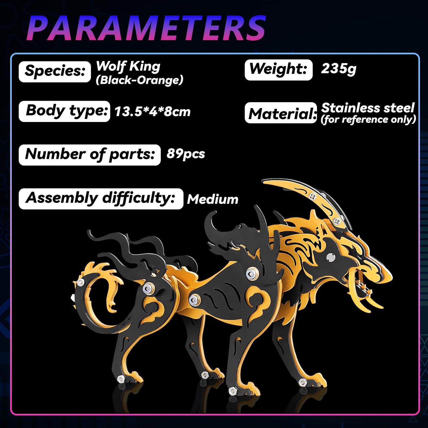 3D Metal Puzzles,3D Metal Puzzle for Adults,Mechanical Model Kit Wolf King Black Orange,Steel 3D Puzzles Stainless Steel Ornaments for Adults Home Decor Art Craft Gifts Toys.