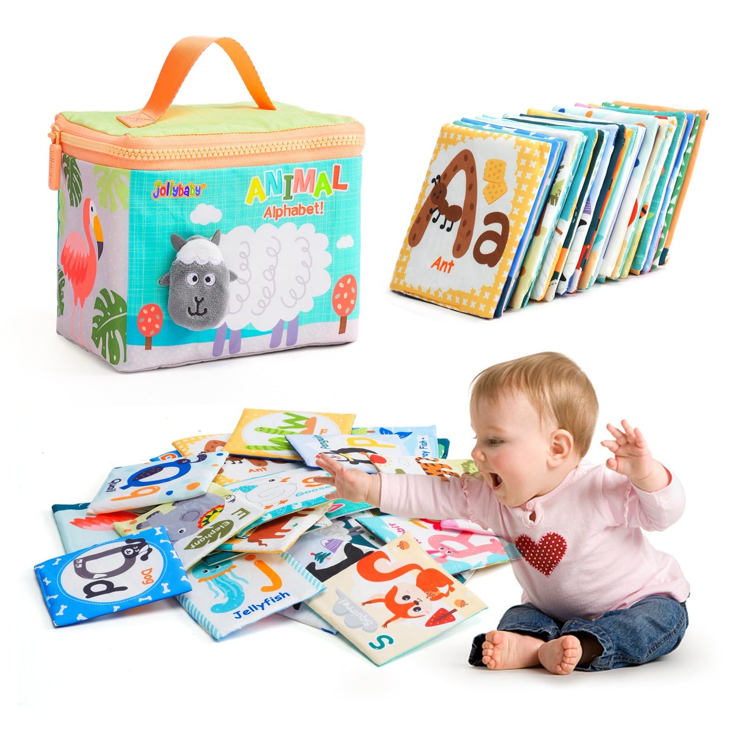 Jollybaby Reusable Soft Cloth ABC Alphabet/Letters Animal Flash Cards for Baby 0-6-12-18 Months, Curious Baby First Words Learning Activity Flashcards, Montessori Sight Words Toy - Easter Gifts