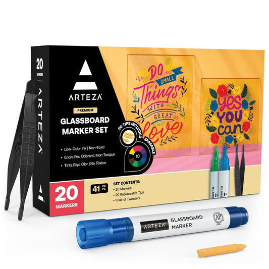ARTEZA Glass Board Markers, 20 Pack Assorted Colors for Whiteboards, Mirrors, and Windows, Erasable Dry Erase Markers, Office and School Supplies