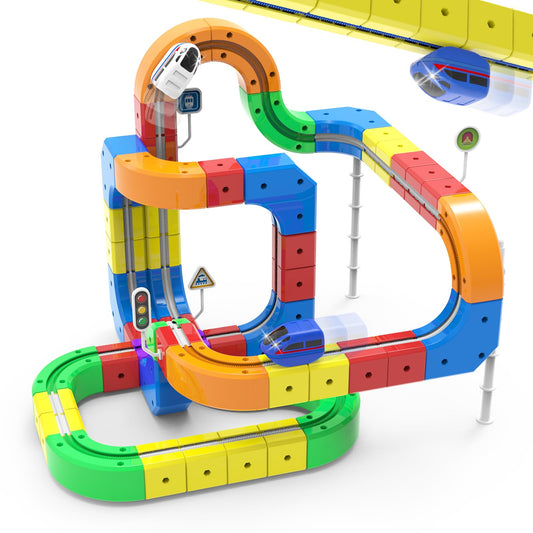3D Anti-Gravity Electric Train Set for Kids Ages 4-8 - 92 PCS Flexible DIY Race Track Building Toy (60 Track Blocks, 2 Motorized Trains), STEM Educational Birthday Gift for Boys Girls