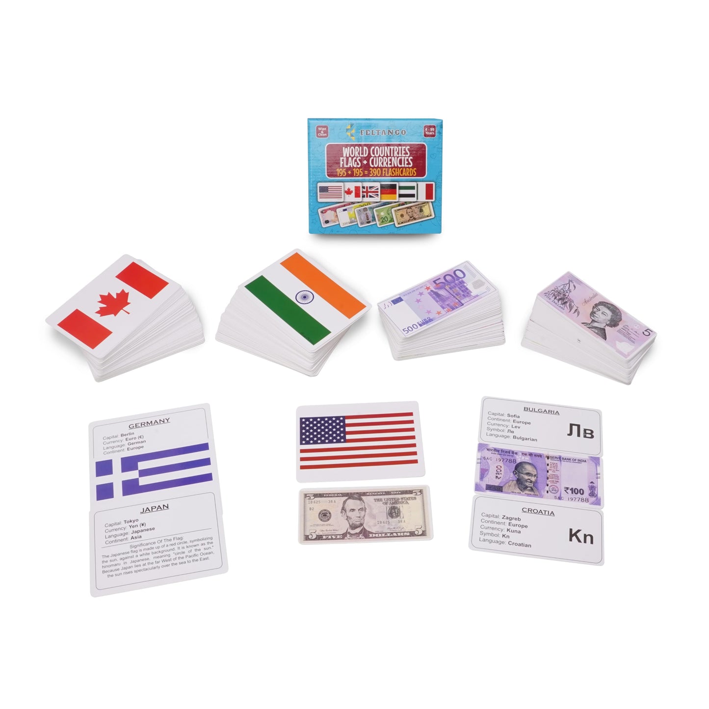 World Country Flags Flash Cards for Kids, Currency Flash Cards, 195 + 195 = 390 Educational Country Geography Games Cards