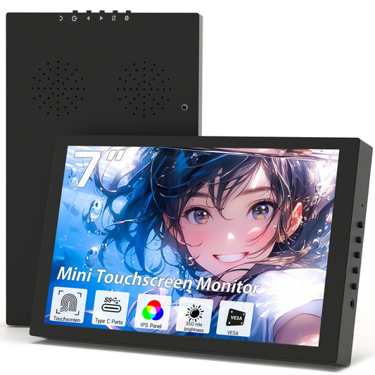 Pisichen Small Monitor Touchscreen 7 Inch HD 1280x800 Type C HDMI Ports Mini Portable Monitor IPS LED Display for PC Laptop Ras Pi, Built-in Speakers