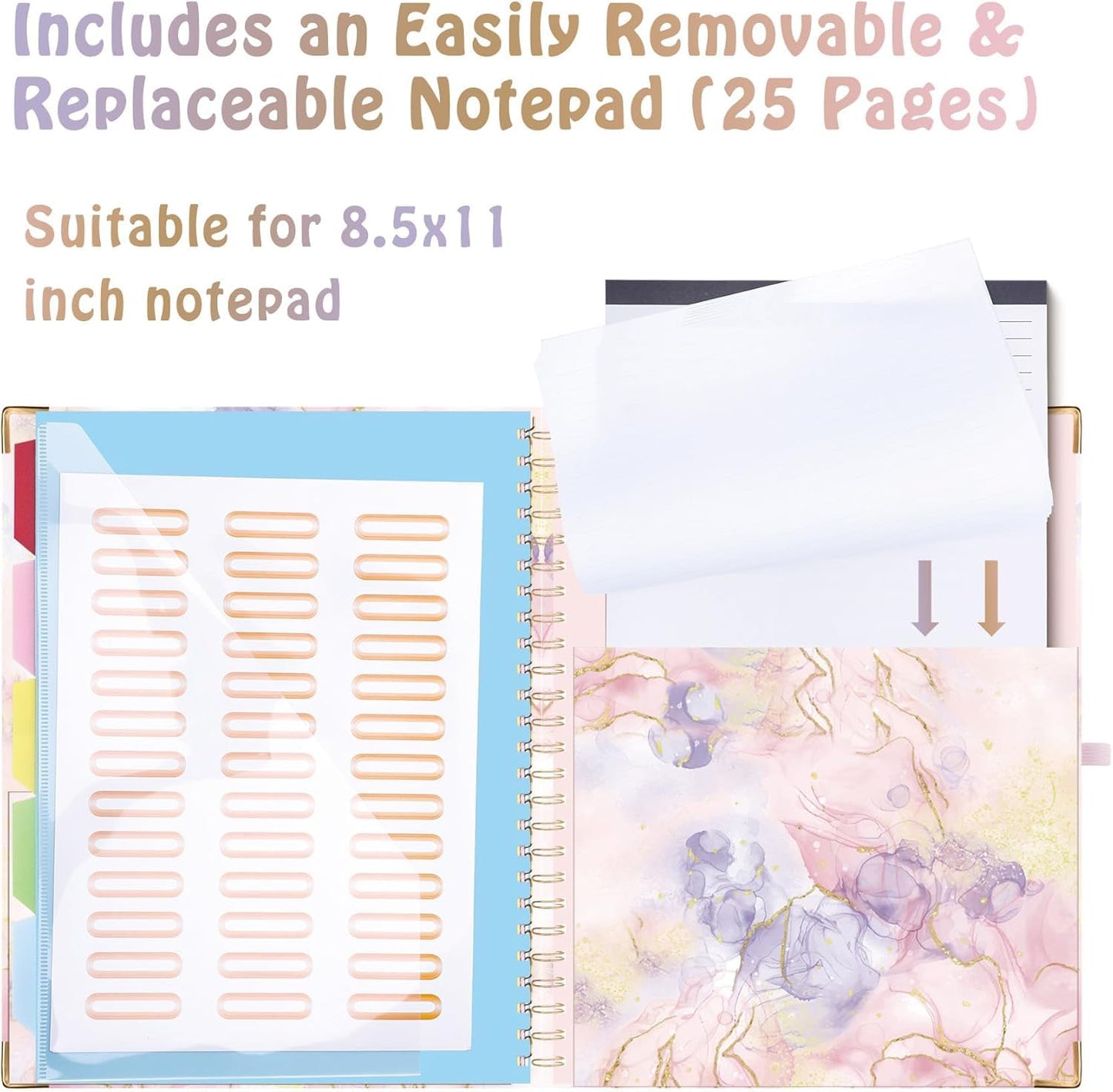HAUTOCO Clipboard Folio with Refillable Notepad for Letter Size (11" x 8.5"), 5 Dividers with 10 Pockets, Elastic Pen Holder and File Folder Labels, Spiral Nurse Clipboard Artboard(Pink Marble)