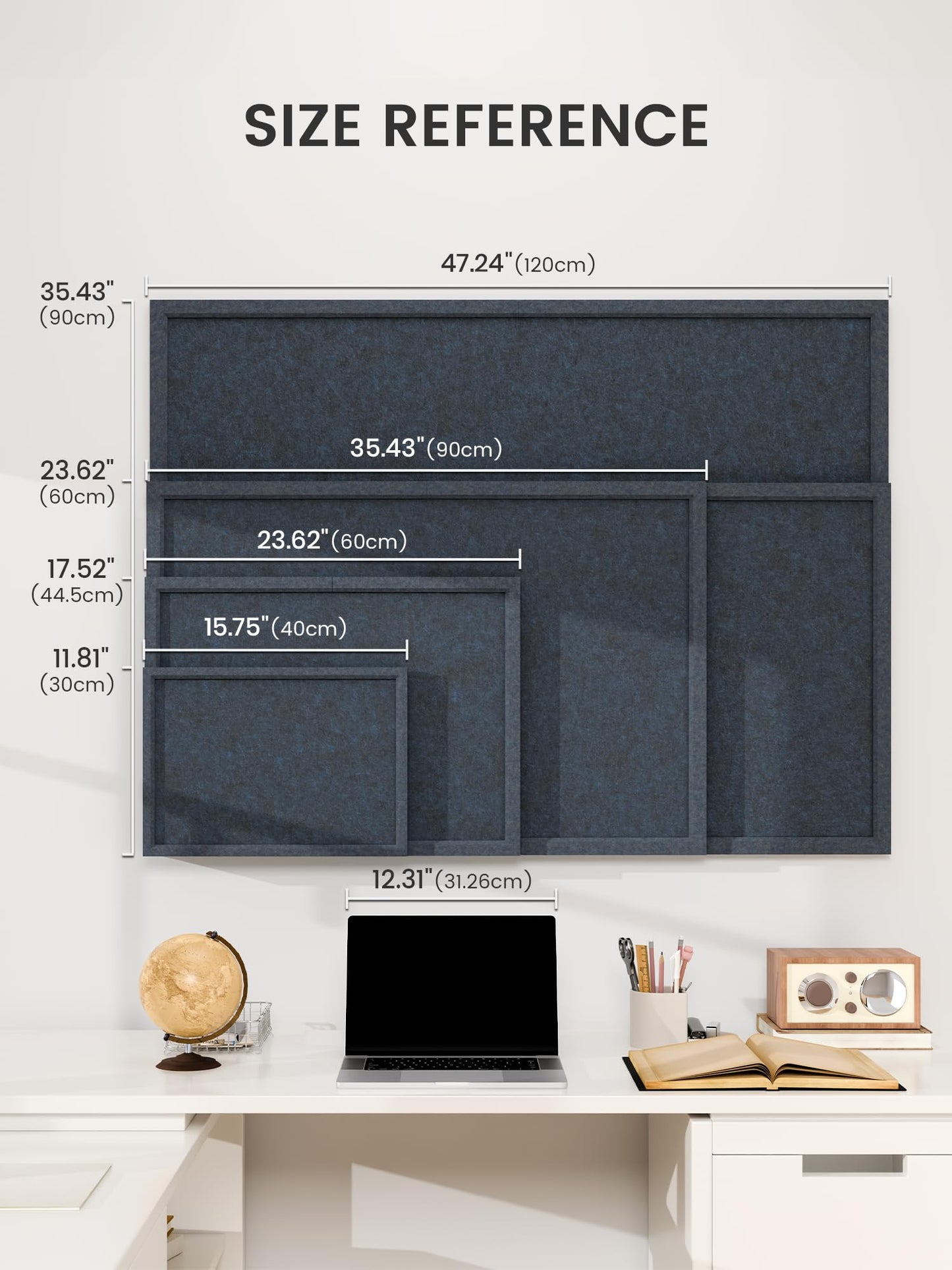 Fluxynara Foldable Cork Board Alternative, Felt Bulletin Board 23.6" x 17.5" Navy Blue Frame with 12 Adhesive Tabs, Pin Board for Home Office, Classroom, Entryway, Kitchen Wall Decor—Carbon Blue