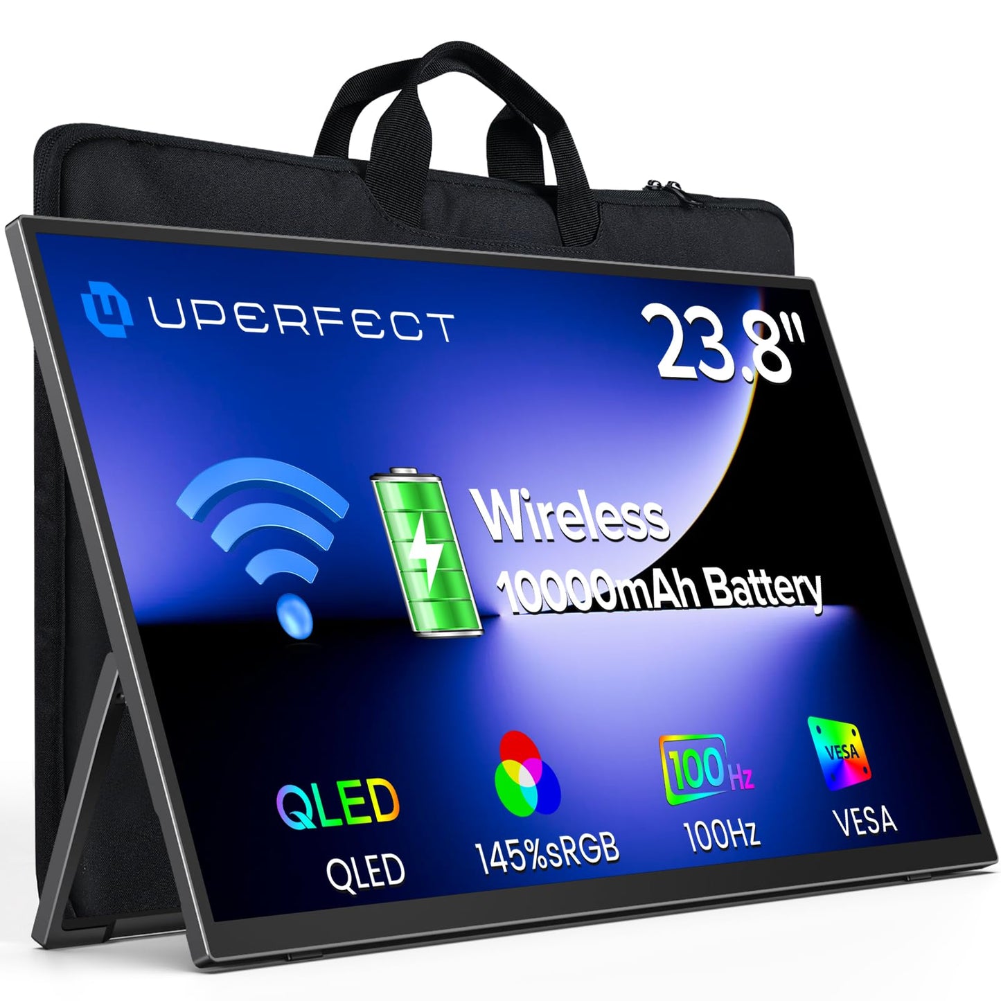 UPERFECT Wireless Portable Monitor with Battery 10000mAh, 23.8" 1080P FHD 100Hz 145% sRGB QLED Gaming Monitor with Stand, Bag & VESA, Large Second Screen for Laptop, Computer, Phone, Game Consoles