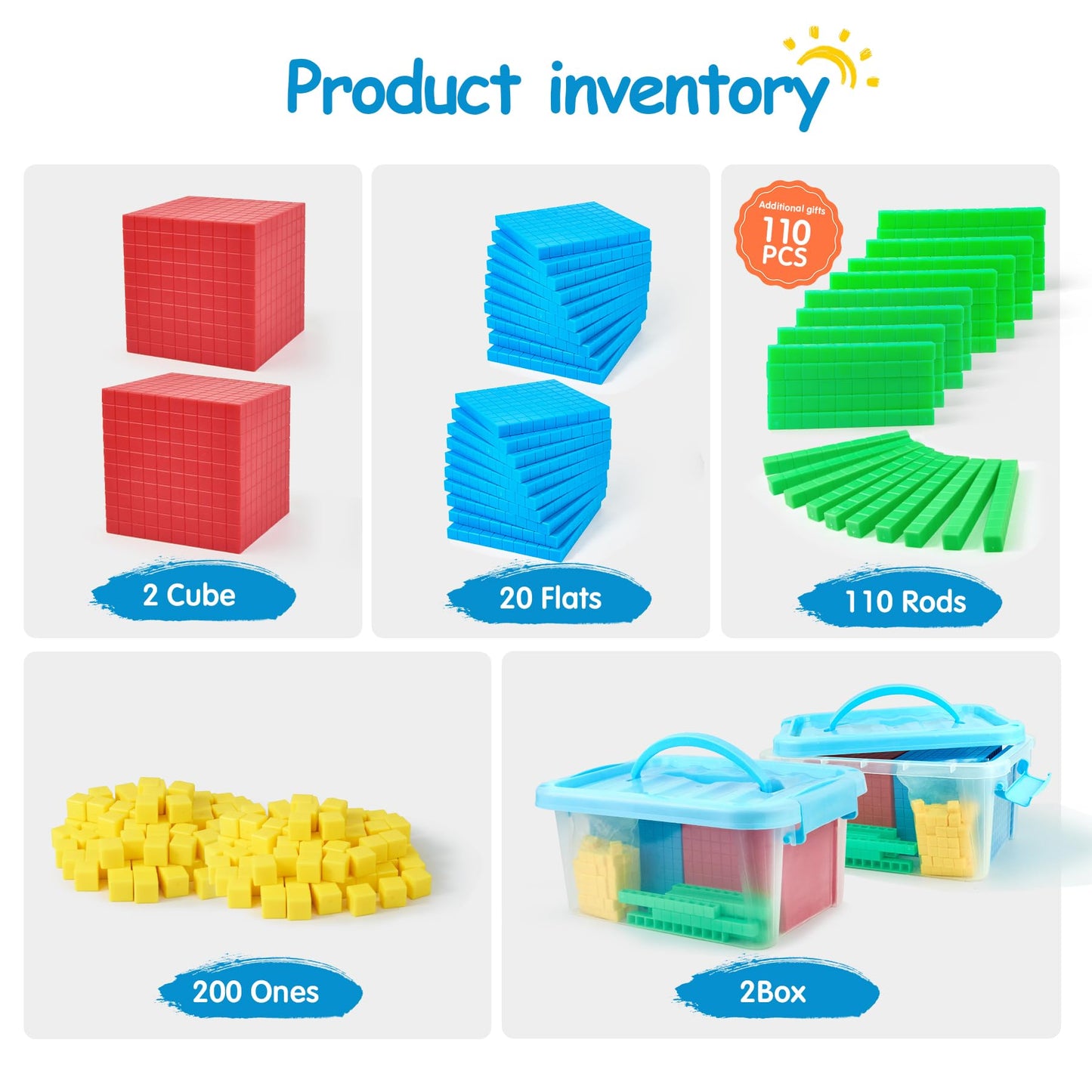 TOMMYHOME 334 PCS Base Ten Blocks Set,Contains 110 rods Counting Cubes to Help Kids Learn Maths. 2 Boxes-Pack.