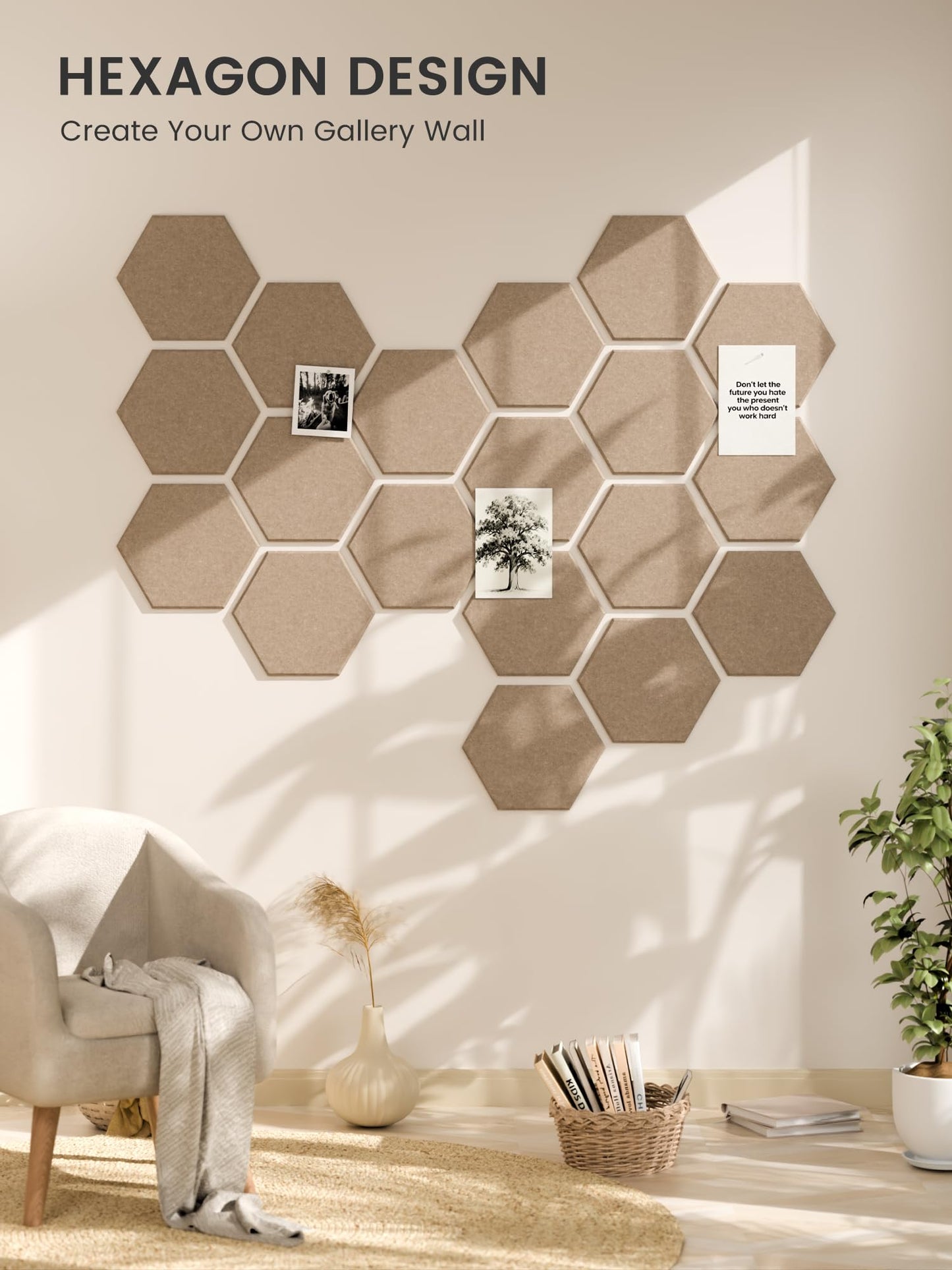 Fluxynara Hexagon Cork Board Alternative for Walls Decor-12-Pack Felt Bulletin Board Tiles,with 30 Pushpins,70 Adhesive Tabs for Office,Classrooms & Home Pin Board Felt Board-Taupe