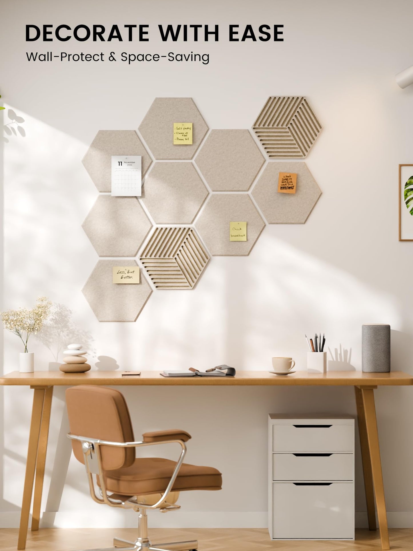 Fluxynara Hexagon Cork Board Alternative for Walls Decor-10-Pack Felt Bulletin Board Tiles,with 30 Pushpins,50 Adhesive Tabs for Office,Classrooms & Home Pin Board Felt Board-Oatmeal