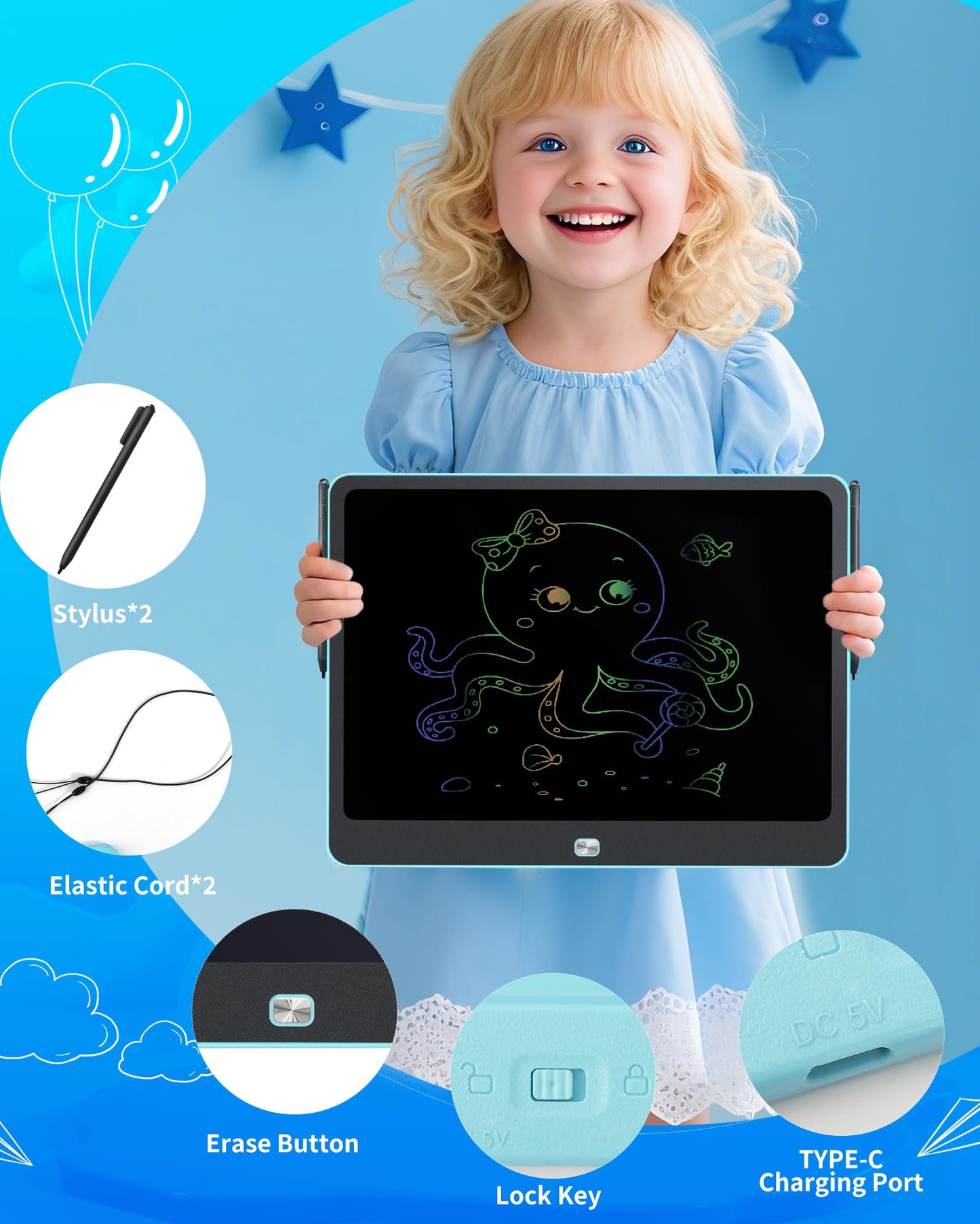 Rechargeable LCD Writing Tablet for Kids, 16 Inch Colorful Drawing Tablet, Educational Toddler Drawing Pad, Reusable Learning Toys for Kids (Ages 3-8), Ideal Gift for Christmas Birthday (Blue)