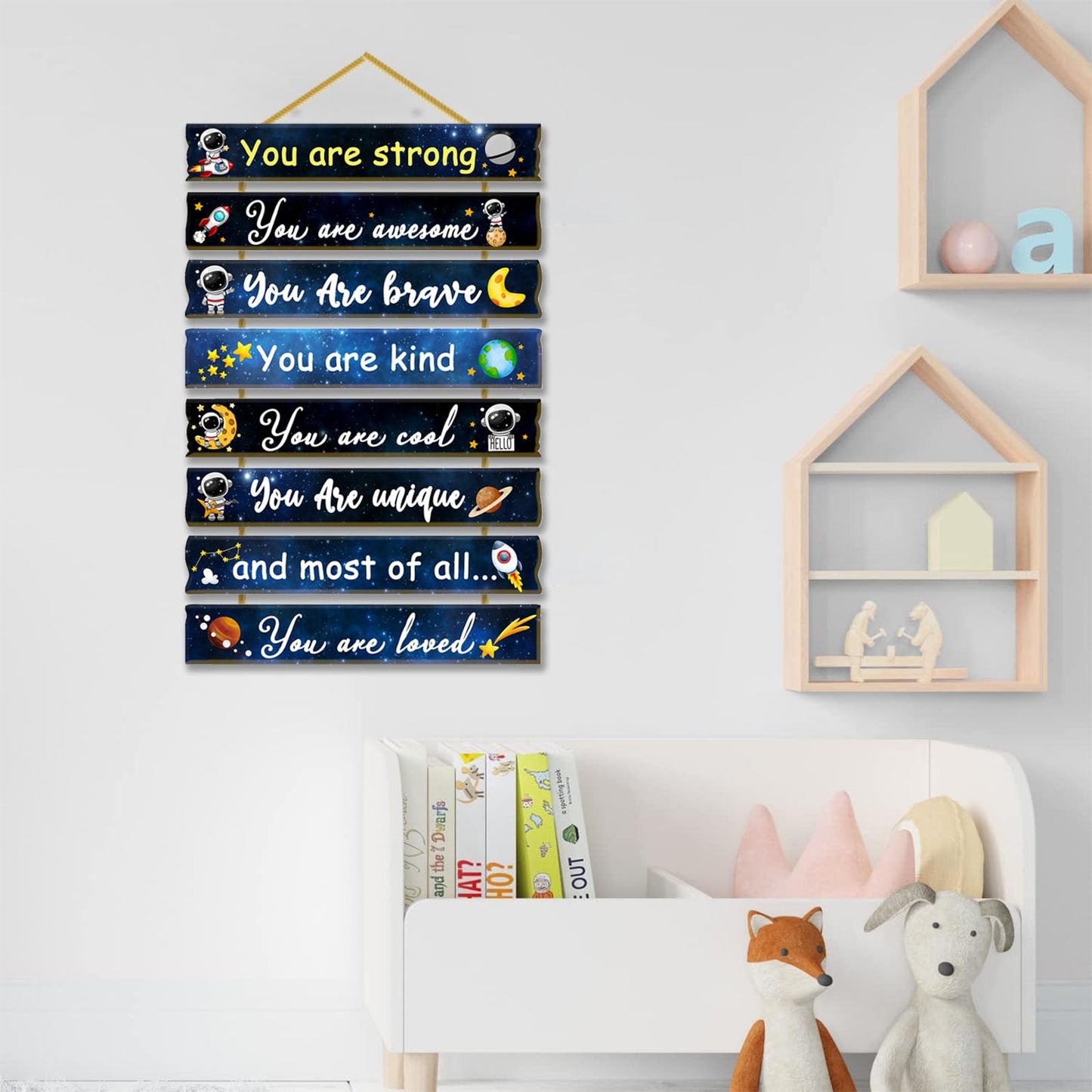 Rutiyoka Outer Space Themed Room Decor for Boys Bedroom Wall Inspirational Art Kids Wood Decorations Little Boy Nursery Toddler Sign