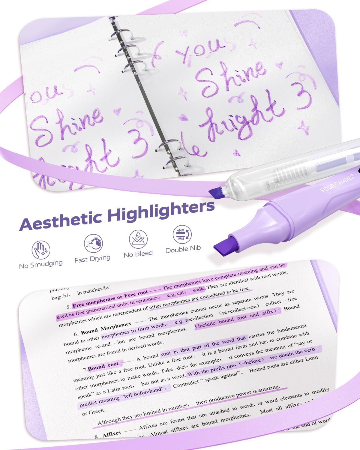 Four Candies Purple College Supplies and Nursing Essentials with Organizer, Gel Pens with Black Ink,Correction Tapes,Pastel Highlighters, Mechanical Pencils, Sticky Notes, Index Post