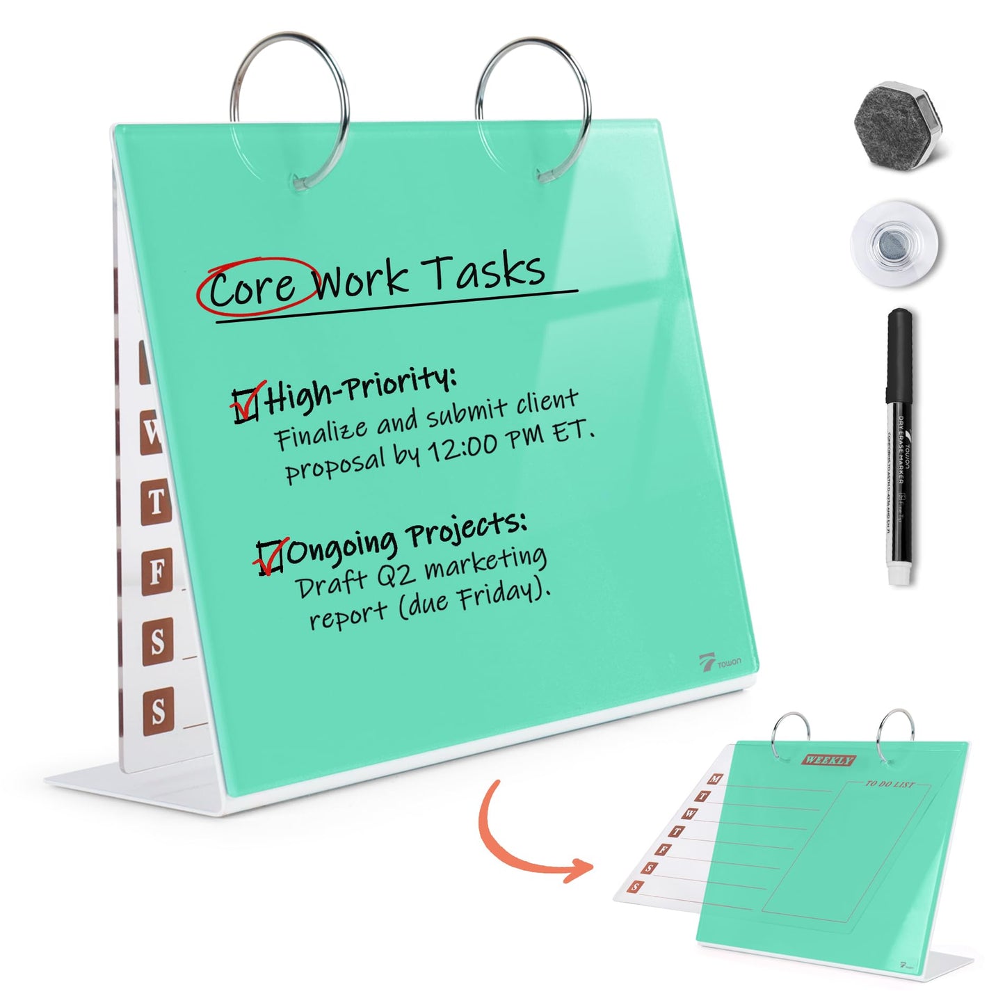 Desktop Glass Dry Erase & Acrylic Aesthetic Calendar Weekly to-do List Combo, Small Magnetic Standing Whiteboard, Desk Flip Easel Calendar with Accessories for Home Office Supply, Mint Green, 9 x 7''