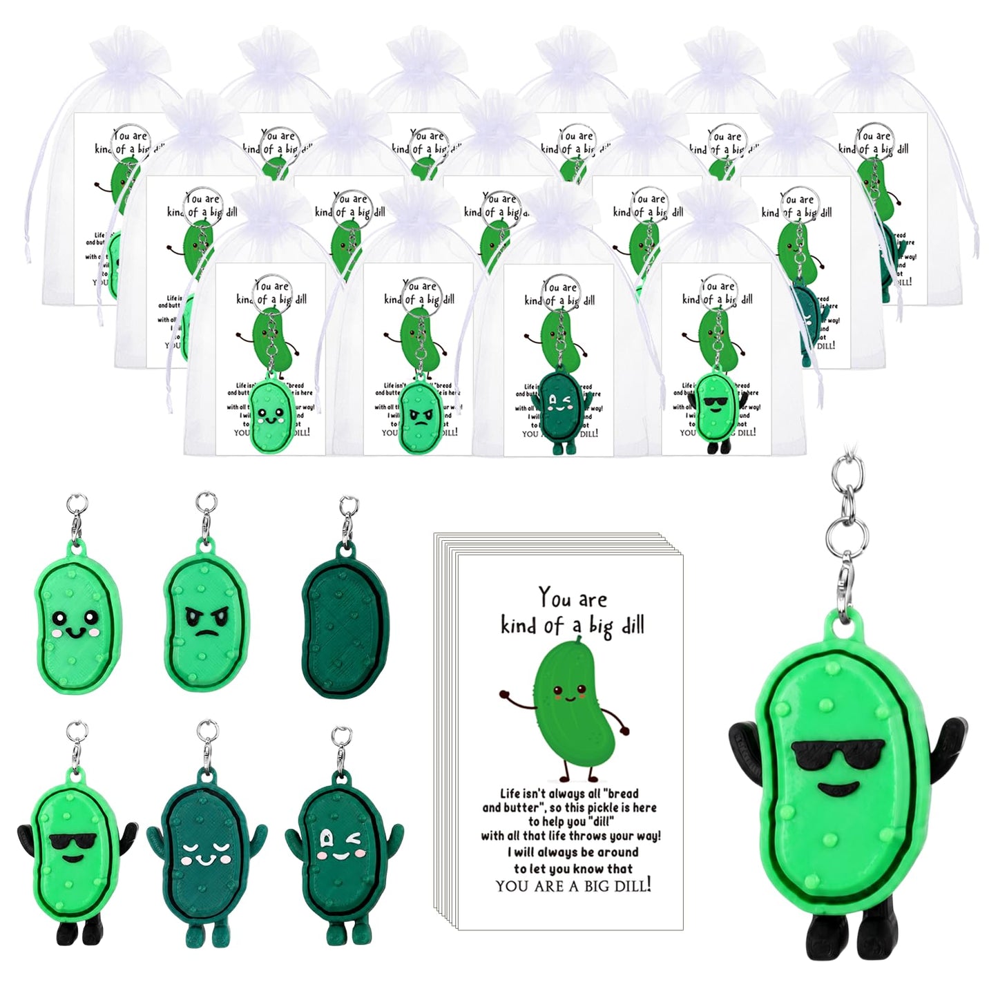 Gerrii 24 Sets Green Cucumber 3D Fidget Keychains with Inspirational Cards Bulk 3D Press Stress Relief Sensory Keychain Gifts Employee Appreciation Positive Gifts for Coworkers Teacher