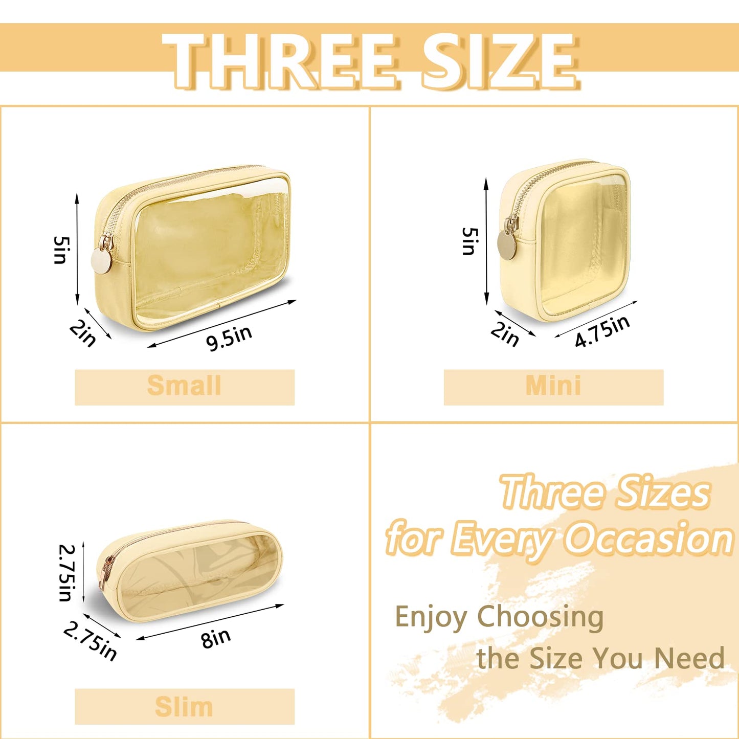 UIXIZQ Clear Small Makeup Bag with Zipper, Nylon&PVC Cosmetic Travel Bag Preppy TSA Approved Toiletry Bag for Women Girls, Transparent Waterproof Makeup Pouches Cute Travel Bag for Purse(Small-Beige)