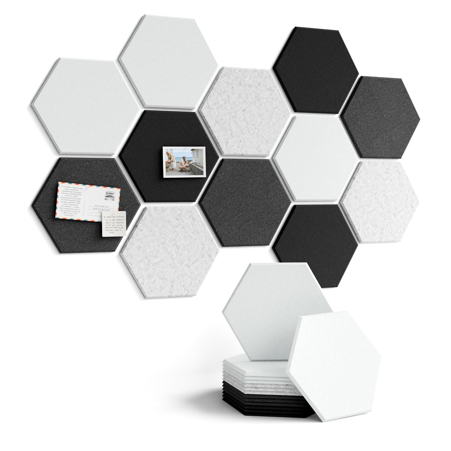Fluxynara Hexagon Cork Board Alternative for Walls Decor-12-Pack Felt Bulletin Board Tiles,with 30 Pushpins,70 Adhesive Tabs for Office,Classrooms & Home Pin Board Felt Board-Concrete Echo