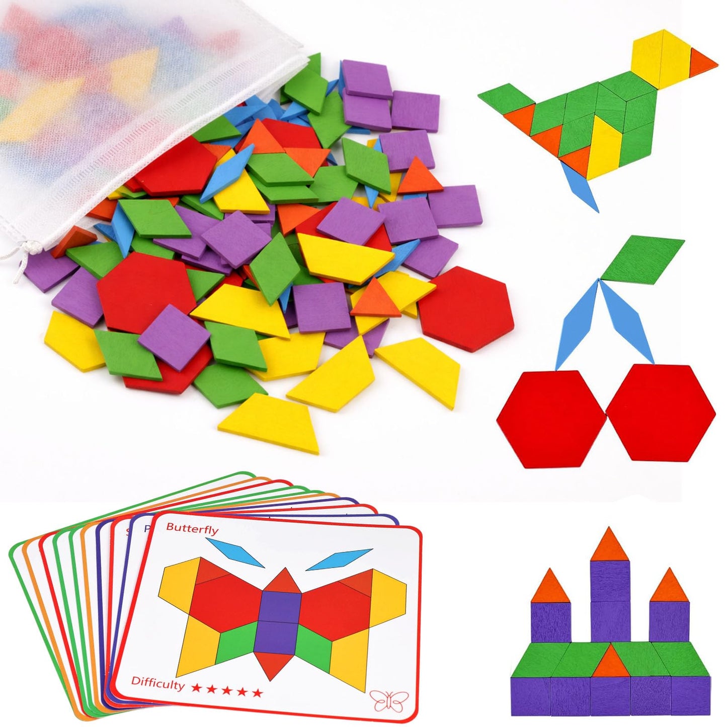 LovesTown Wooden Pattern Blocks Set for Kids, Geometric Shapes with Learning Cards, 150 PCS Educational Puzzle Toy