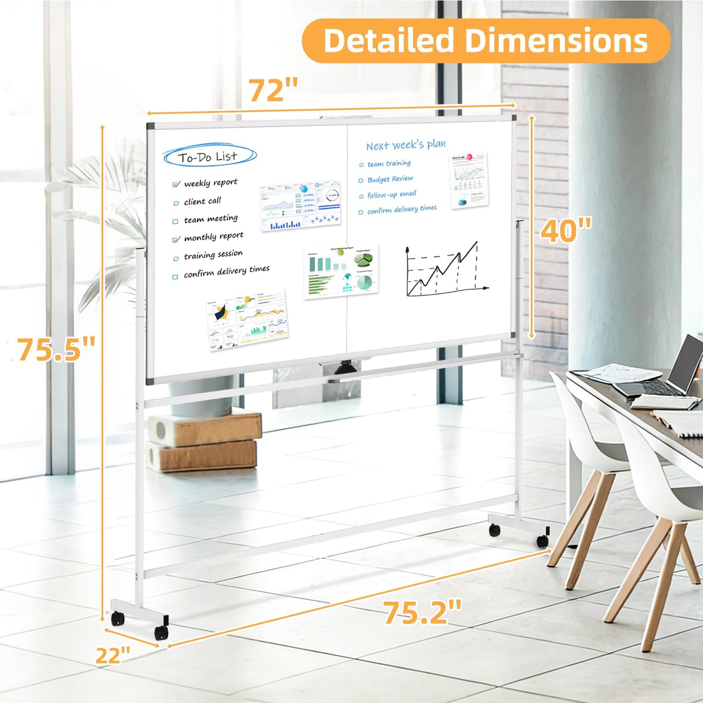 WALGLASS Rolling Whiteboard on Wheels, 72"x40" Double-Sided Dry Erase White Board with Stand, Large Magnetic Whiteboard, Giant Portable Standing Board for Office, School, Home, Classroom 6 x 3.33 ft