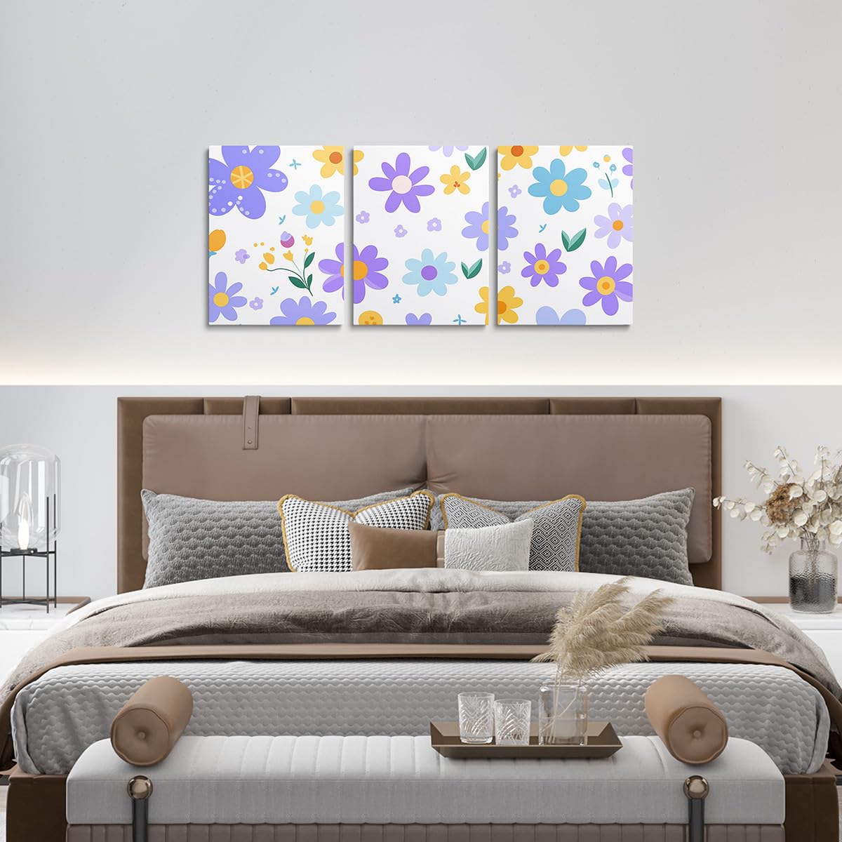 Feelyou Cute Flower 3 Piece Canvas Wall Art for Living Room Bedroom Cartoon Cute Floral Office Decor Artwork Purple Yellow Wall Art for Home Decor Kawaii Picture Posters