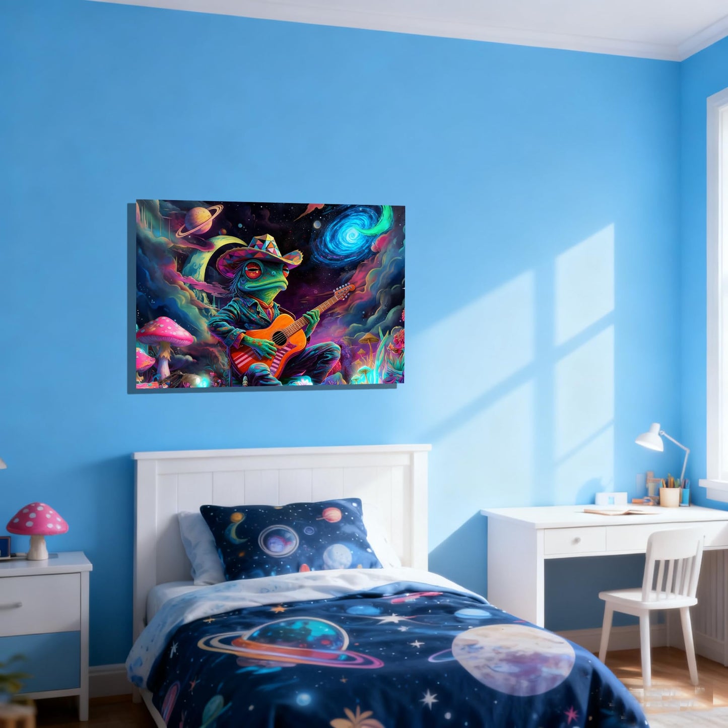 16x24 Psychedelic Space Frog Canvas Wall Art, Colorful Framed Cosmic Mushroom Guitar Player Kids Trippy Room Decor Teen Boys Bedroom Wall Posters Children Home Game Prints Gift Painting