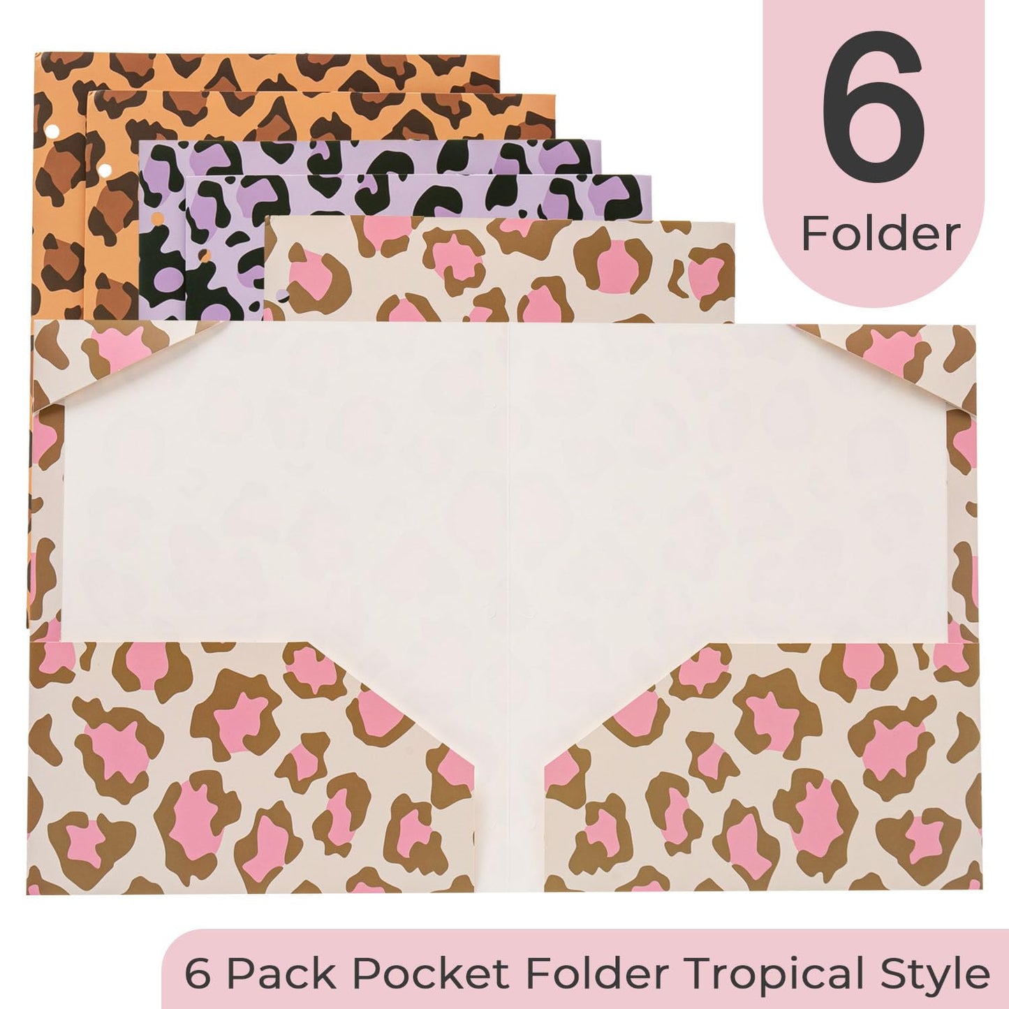 Beramon 6 Pack 2 Pocket Folders, Letter Size 3-Hole Punched Folders for 3 Ring Binders, Cute Cheetah Print School & Office File Folders