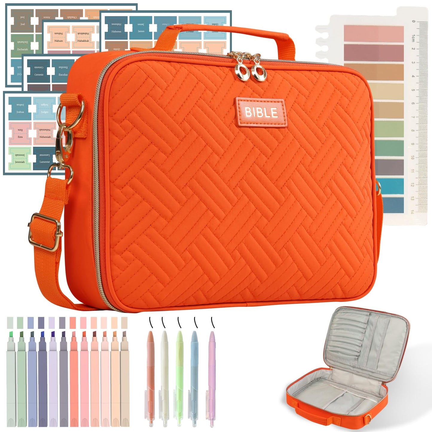 Bible Cover for Women Bible Case, Large Bible Bag, Bible Study Supplies Bible Journaling Kit Book Carrying Case with Bible Highlighters Tabs, Valentines Day Christian Gifts for Women (Orange)